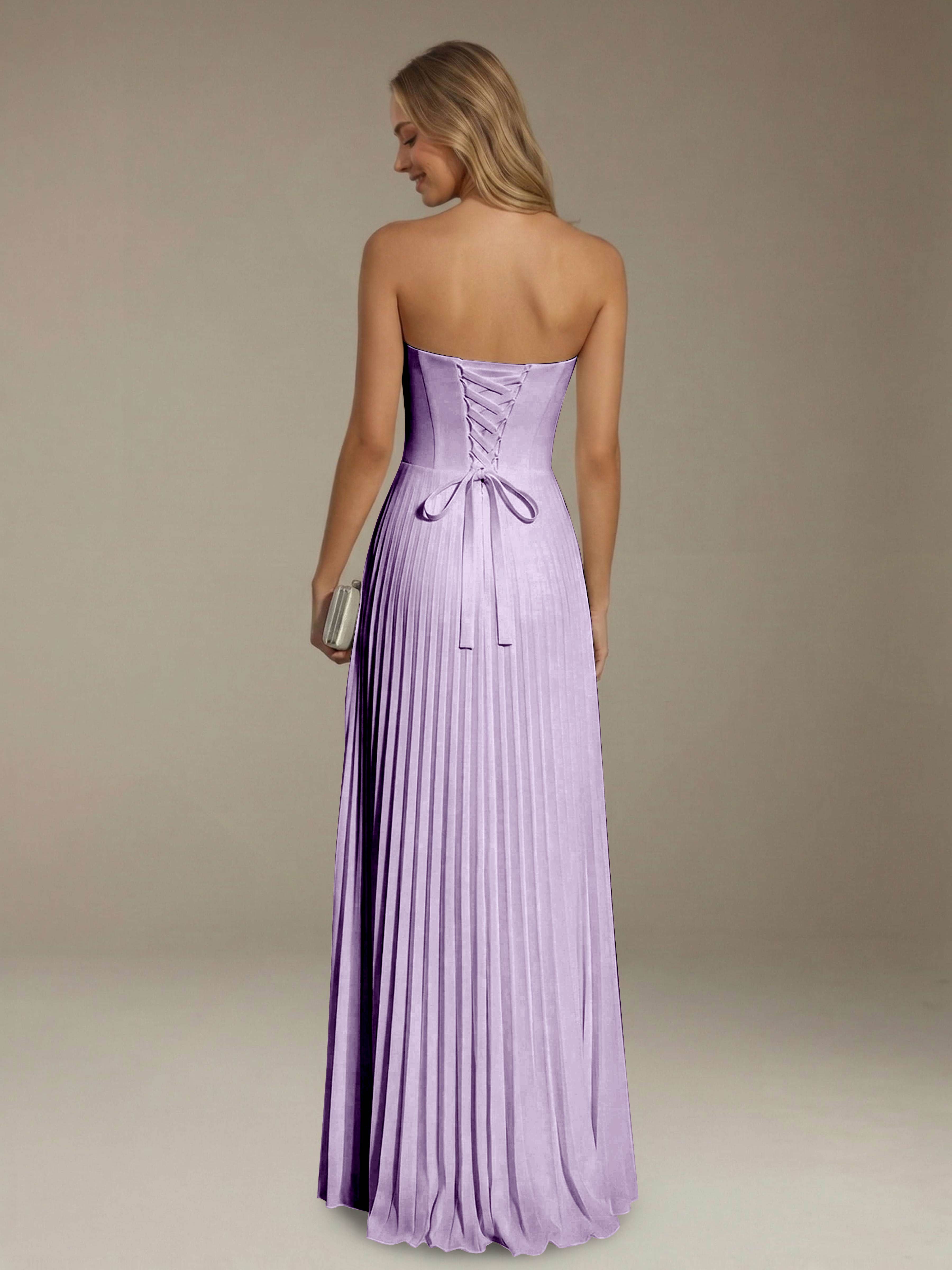 Women’s Pleated Strapless A-Line Maxi Dress | Lace-Up Back Occasion Gown