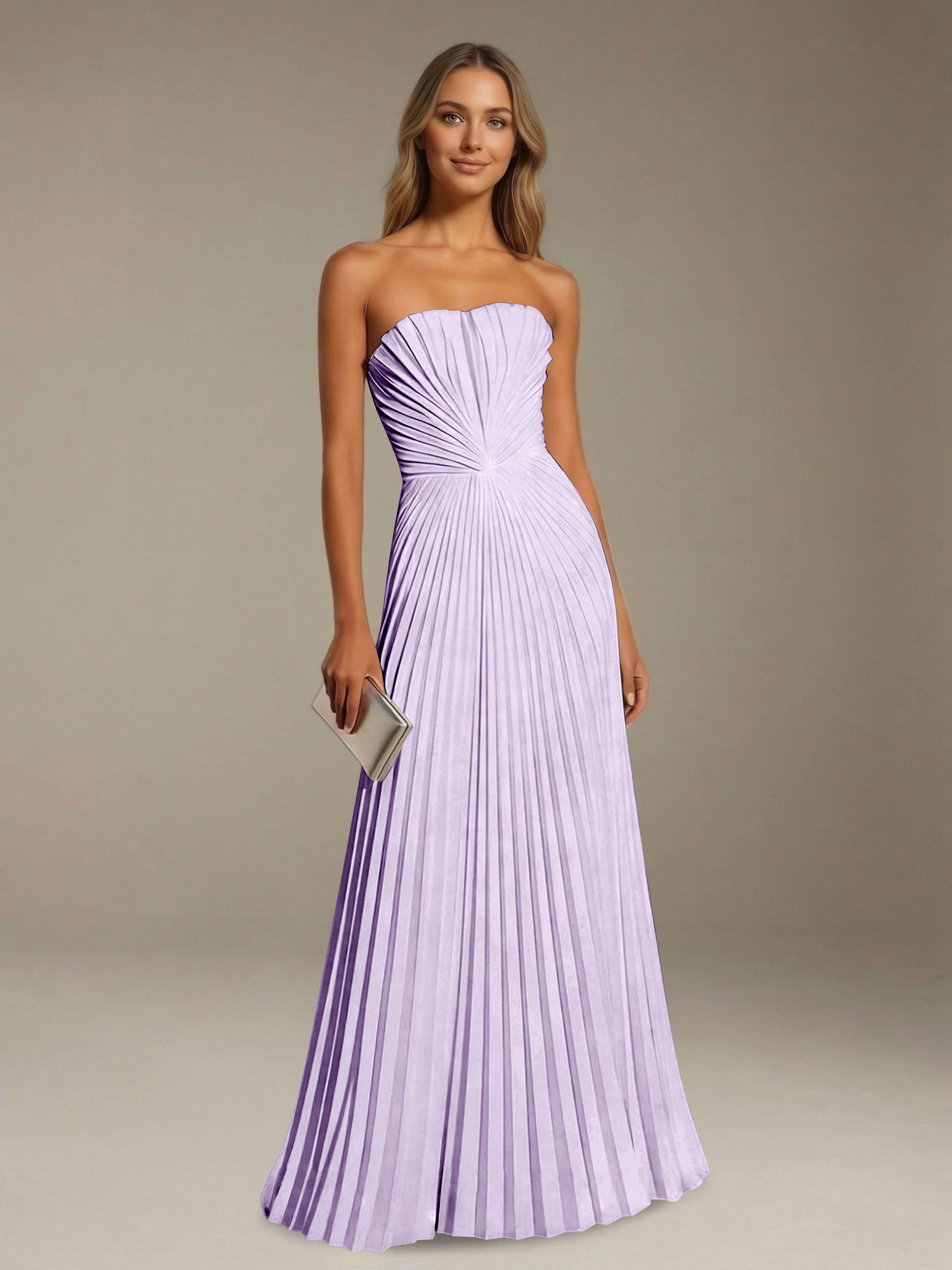 Women’s Pleated Strapless A-Line Maxi Dress | Lace-Up Back Occasion Gown