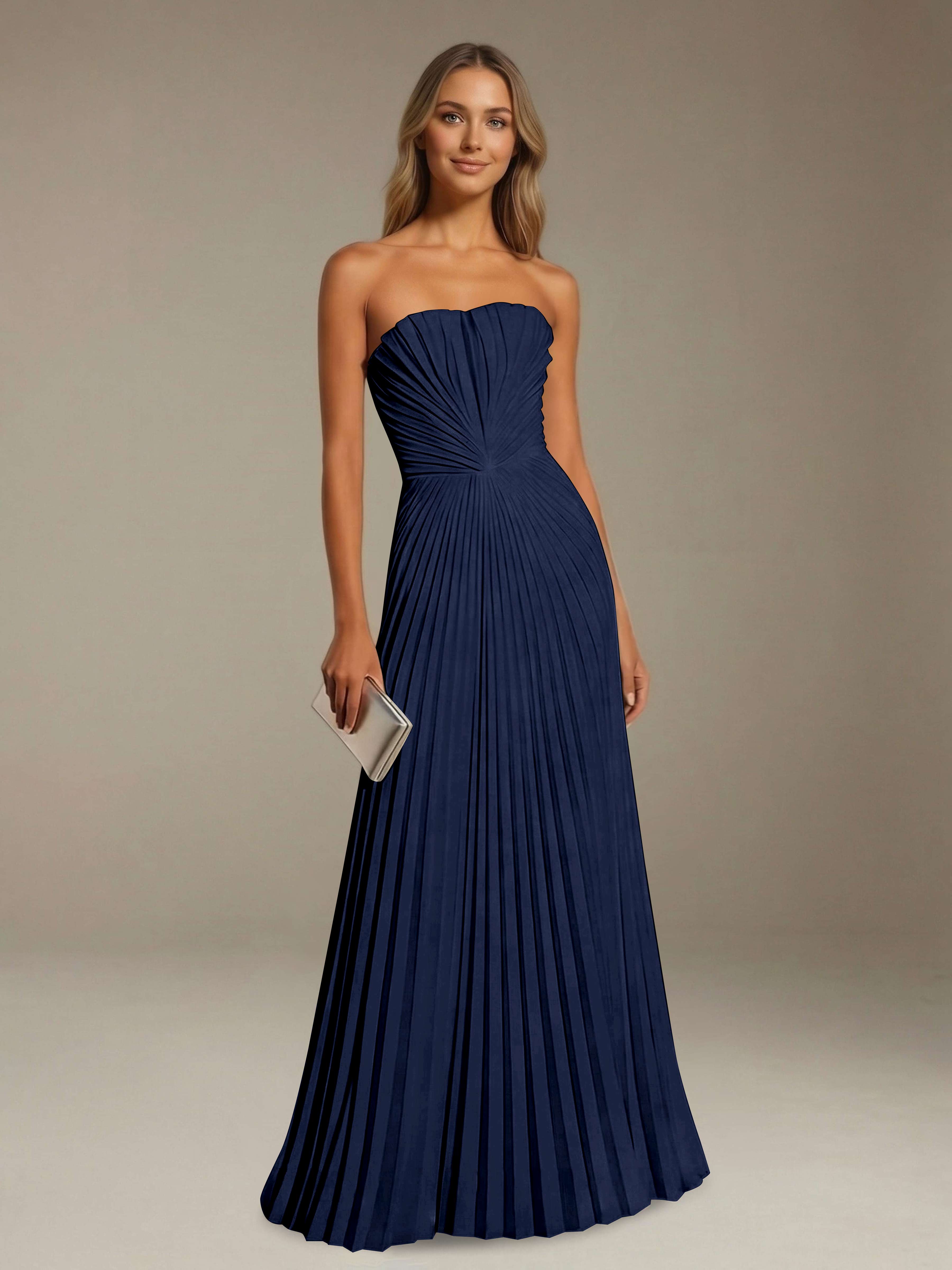 Women’s Pleated Strapless A-Line Maxi Dress | Lace-Up Back Occasion Gown