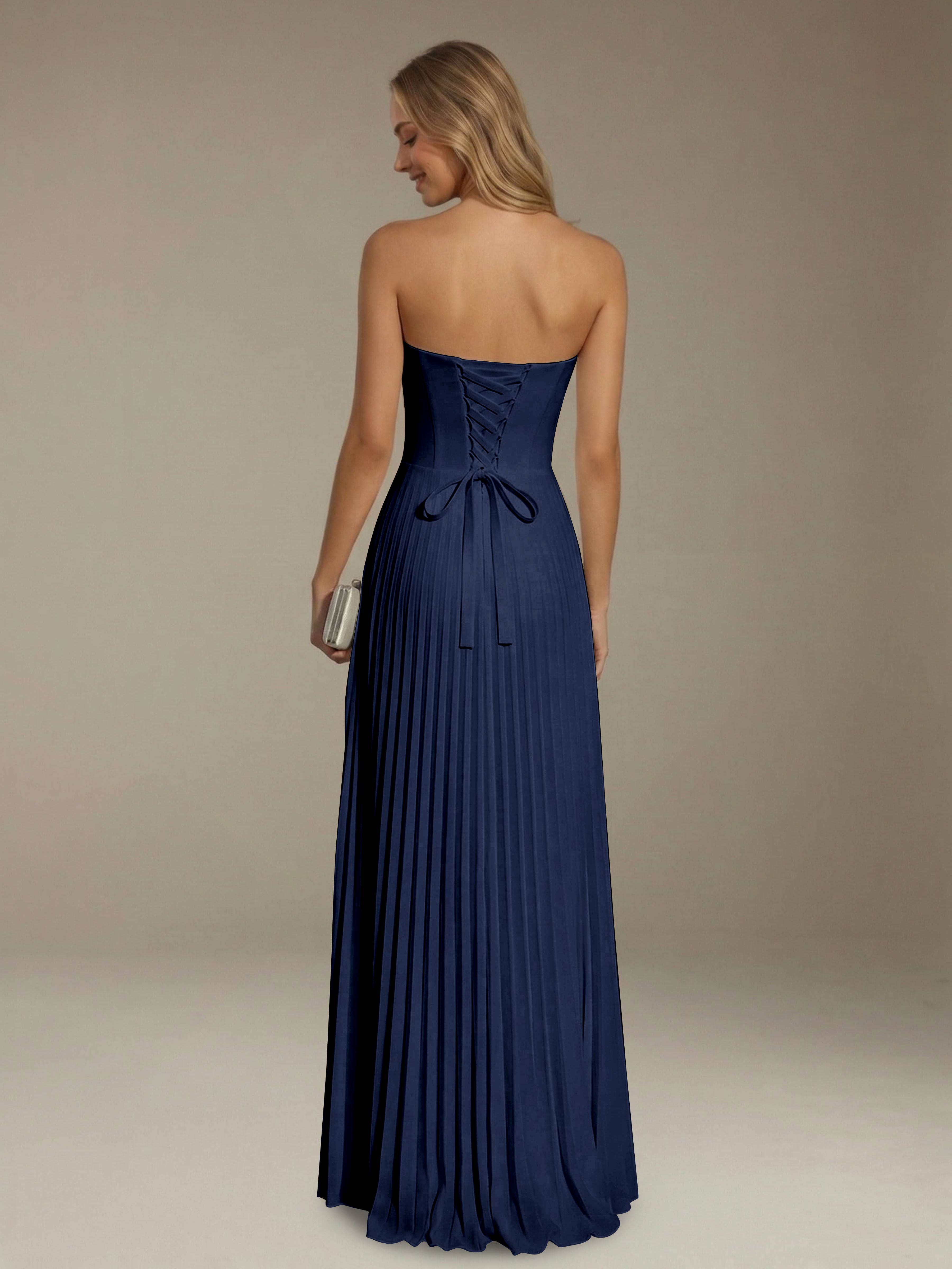 Women’s Pleated Strapless A-Line Maxi Dress | Lace-Up Back Occasion Gown