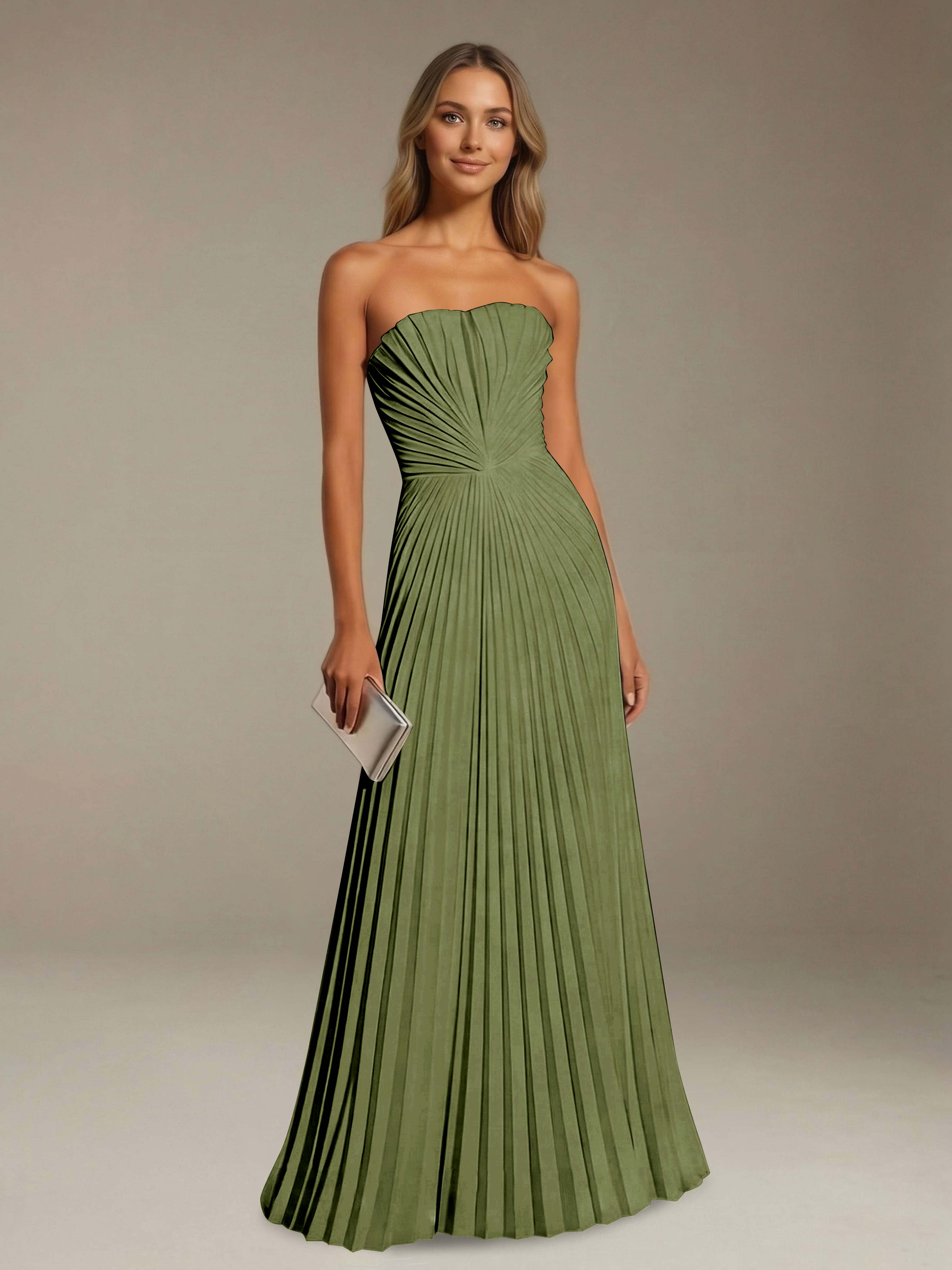 Women’s Pleated Strapless A-Line Maxi Dress | Lace-Up Back Occasion Gown