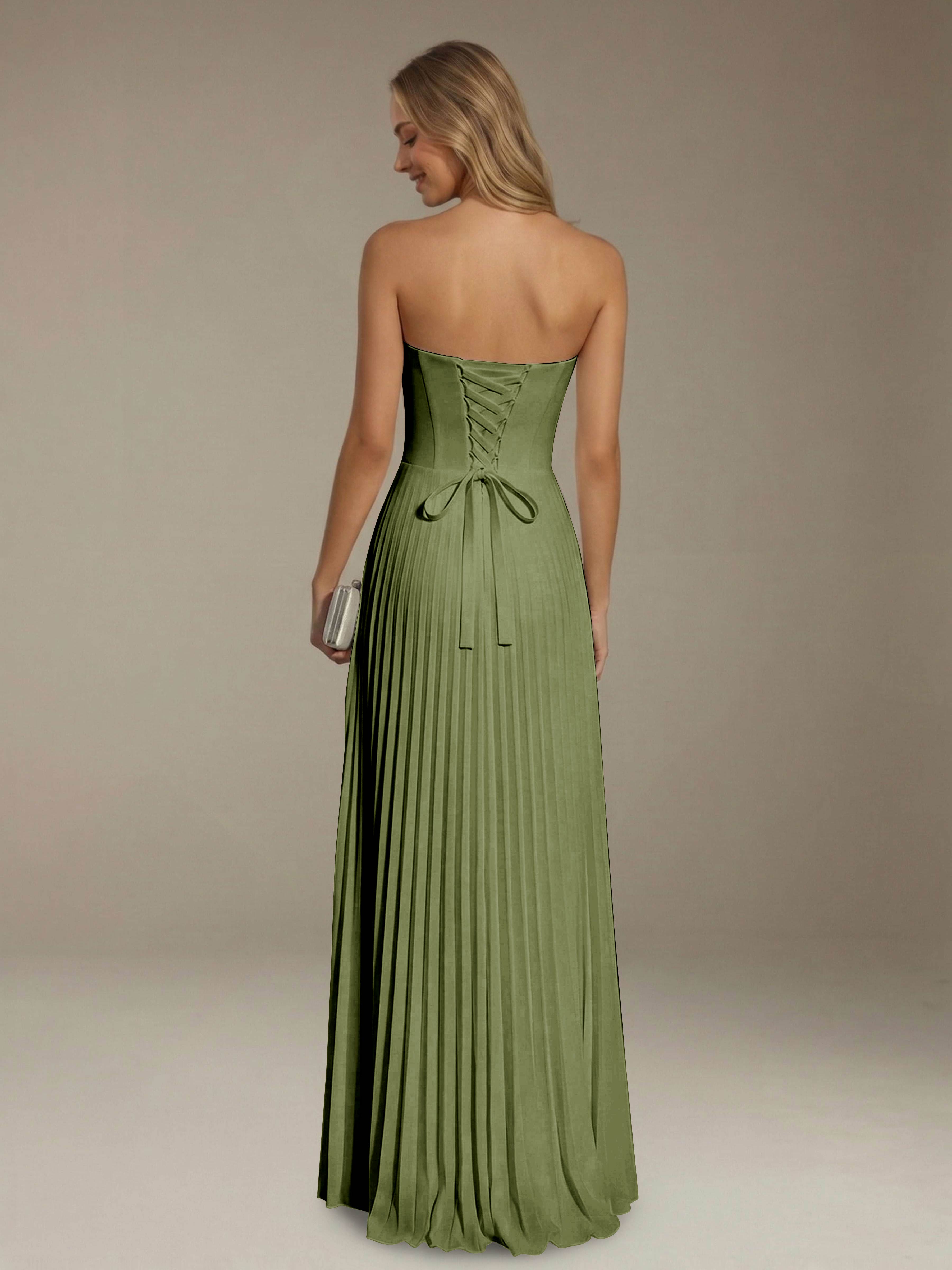 Women’s Pleated Strapless A-Line Maxi Dress | Lace-Up Back Occasion Gown