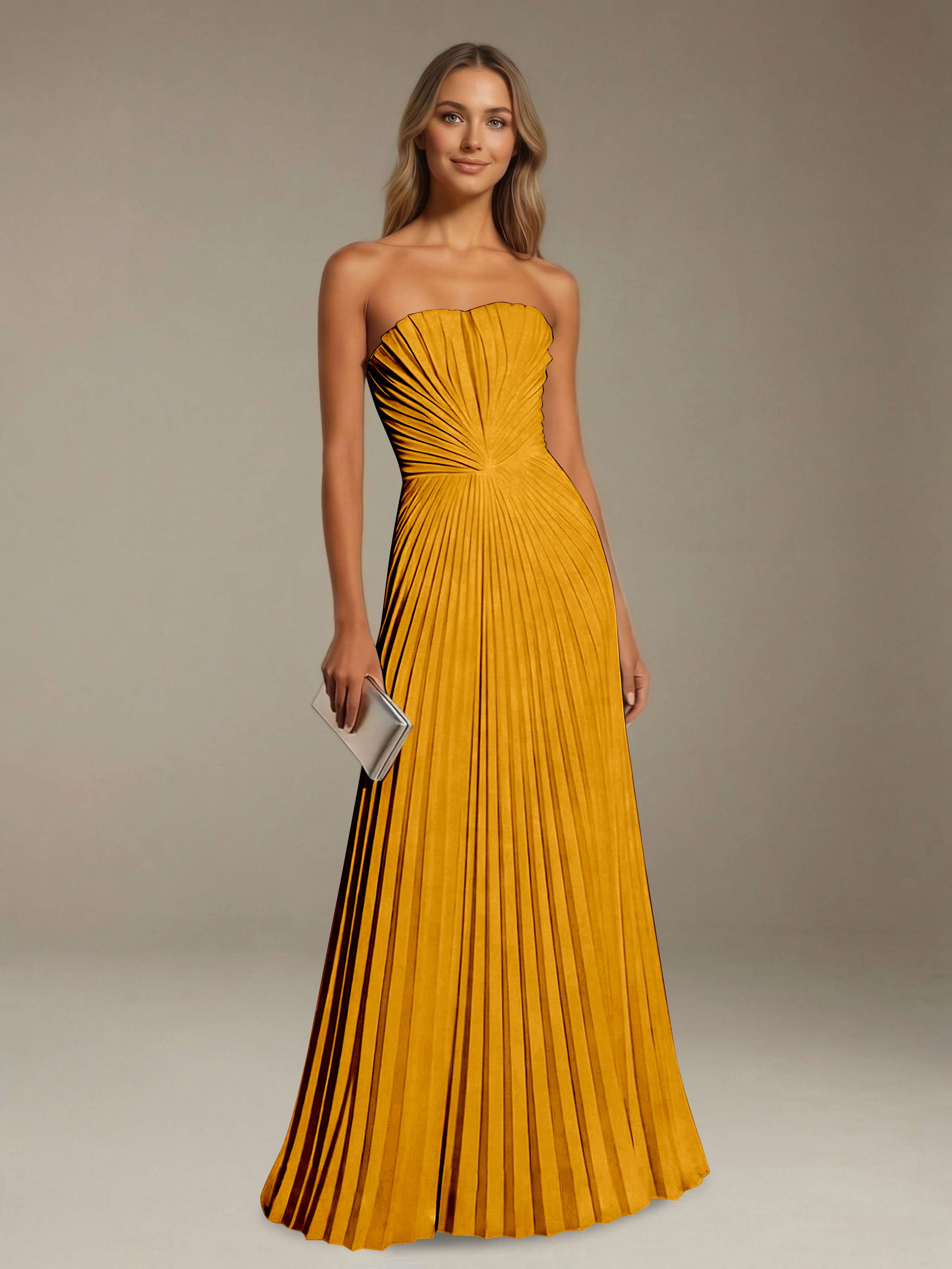 Women’s Pleated Strapless A-Line Maxi Dress | Lace-Up Back Occasion Gown