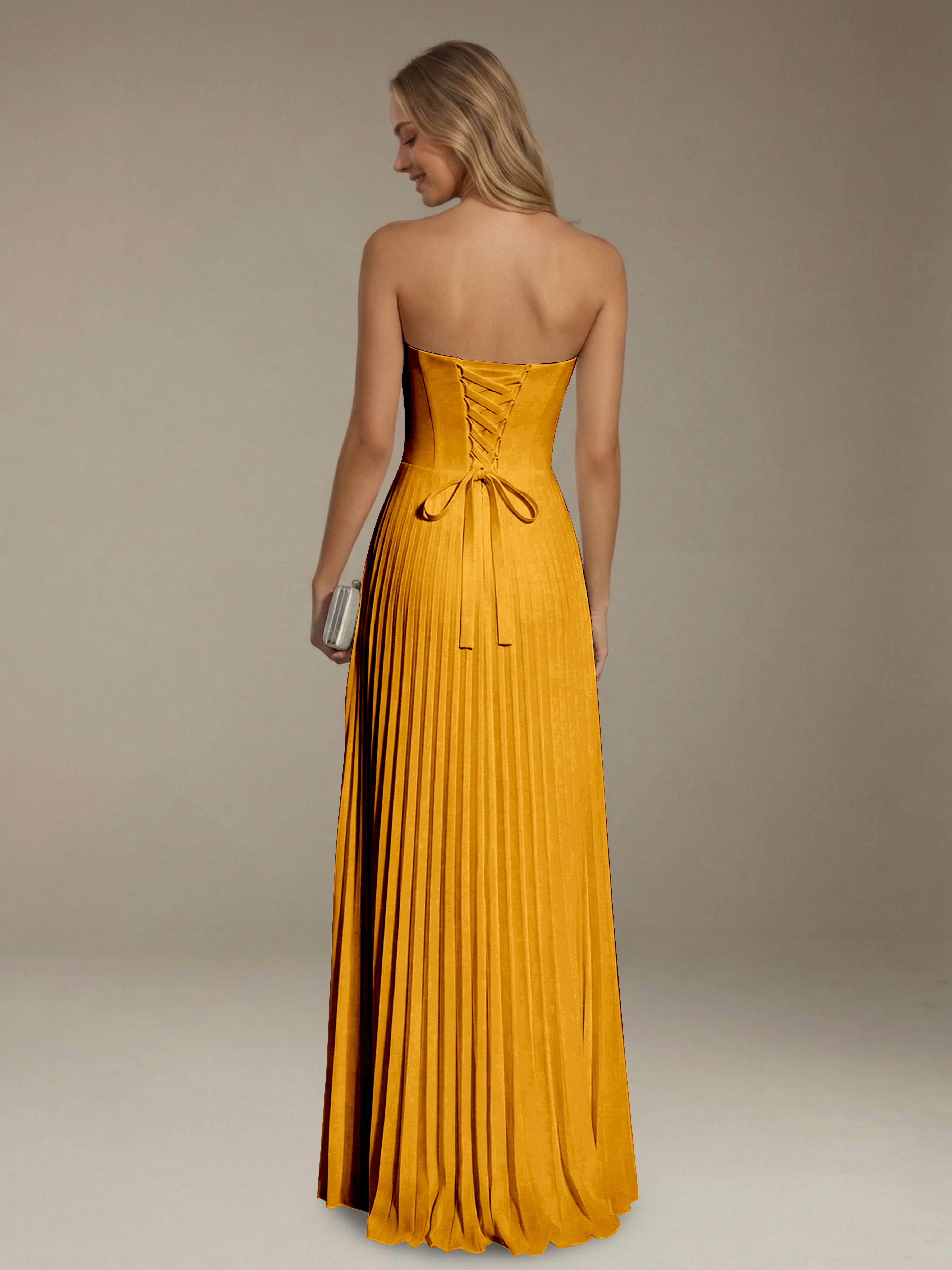 Women’s Pleated Strapless A-Line Maxi Dress | Lace-Up Back Occasion Gown