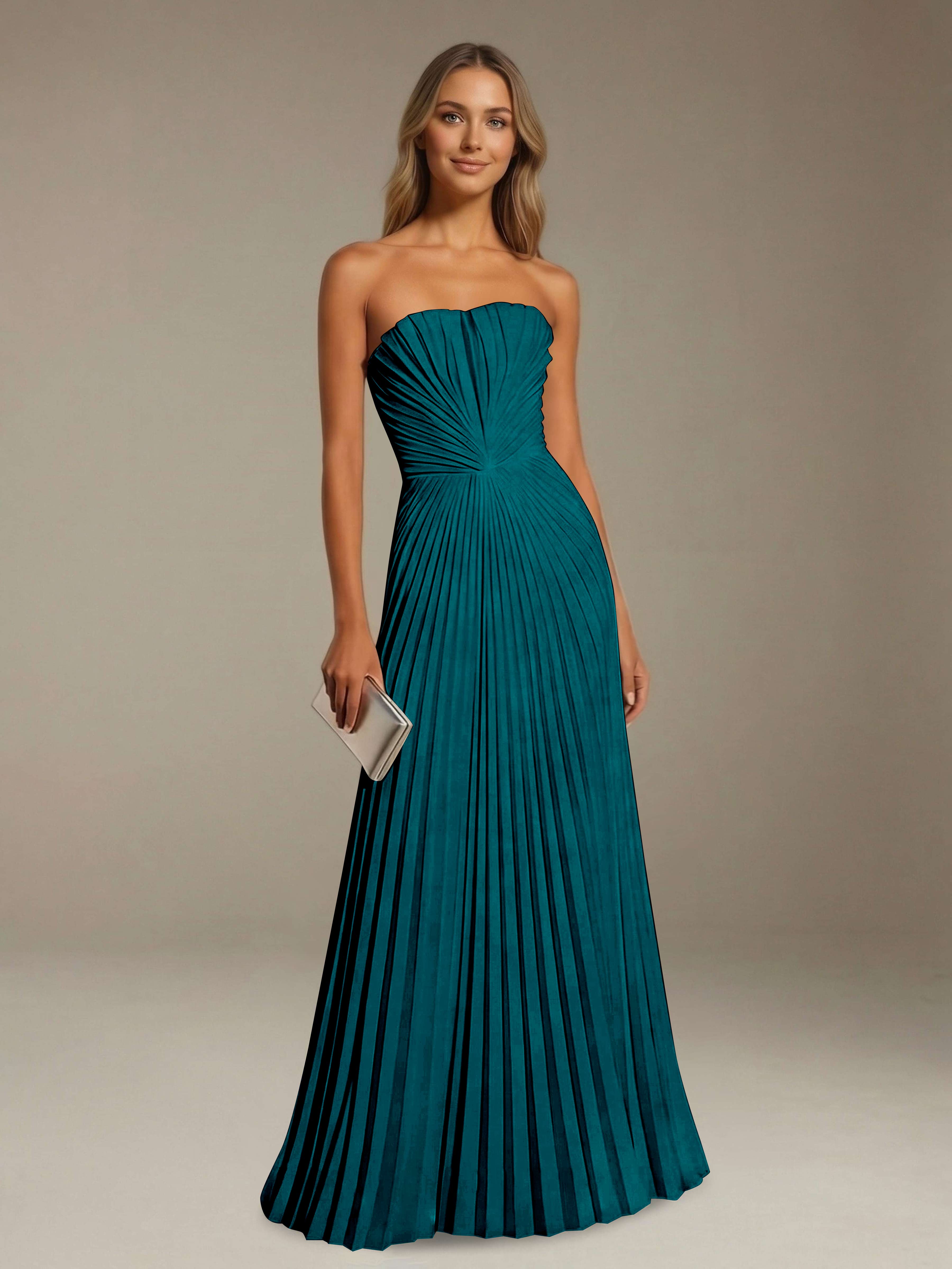 Women’s Pleated Strapless A-Line Maxi Dress | Lace-Up Back Occasion Gown
