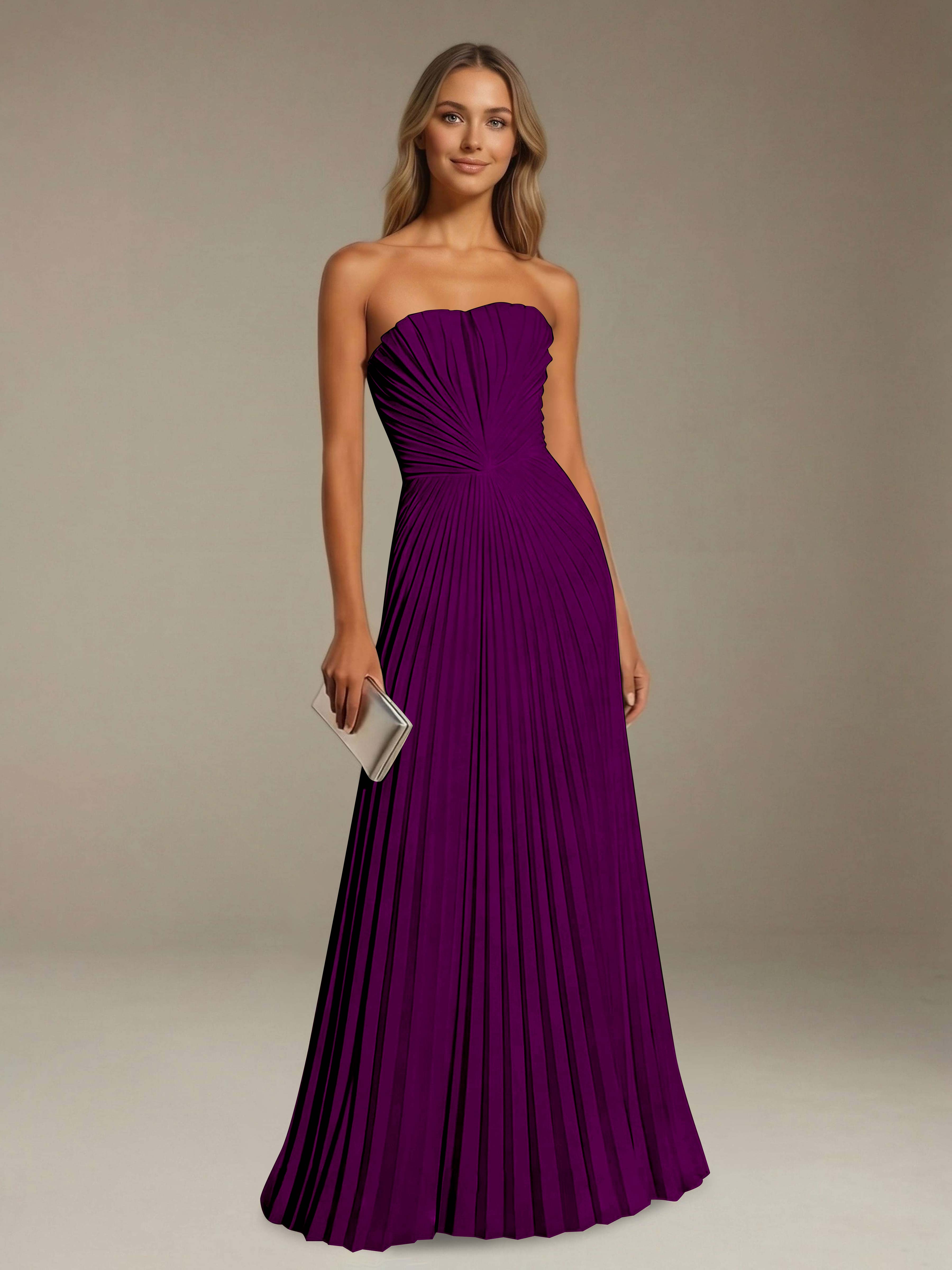 Women’s Pleated Strapless A-Line Maxi Dress | Lace-Up Back Occasion Gown