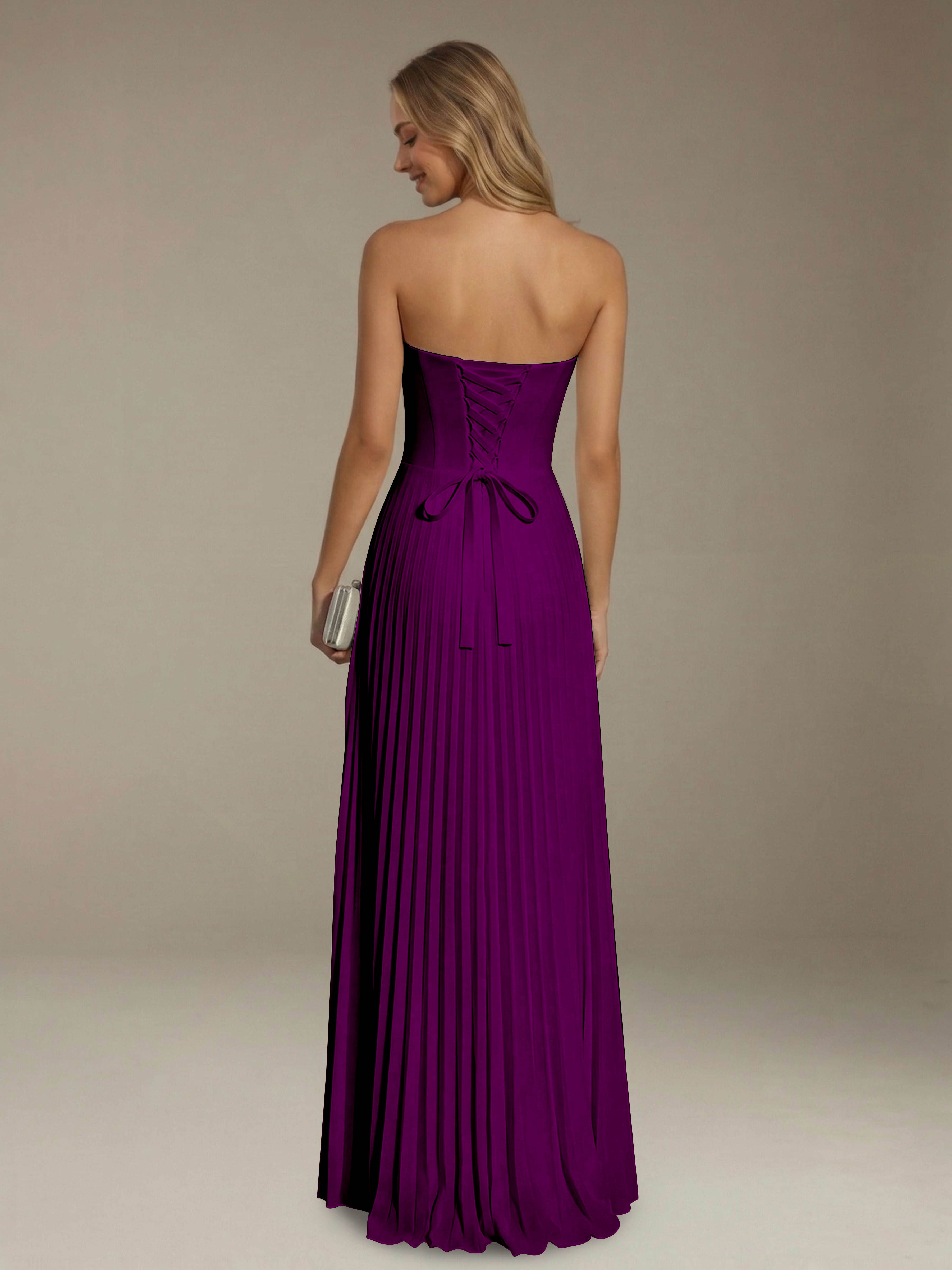 Women’s Pleated Strapless A-Line Maxi Dress | Lace-Up Back Occasion Gown