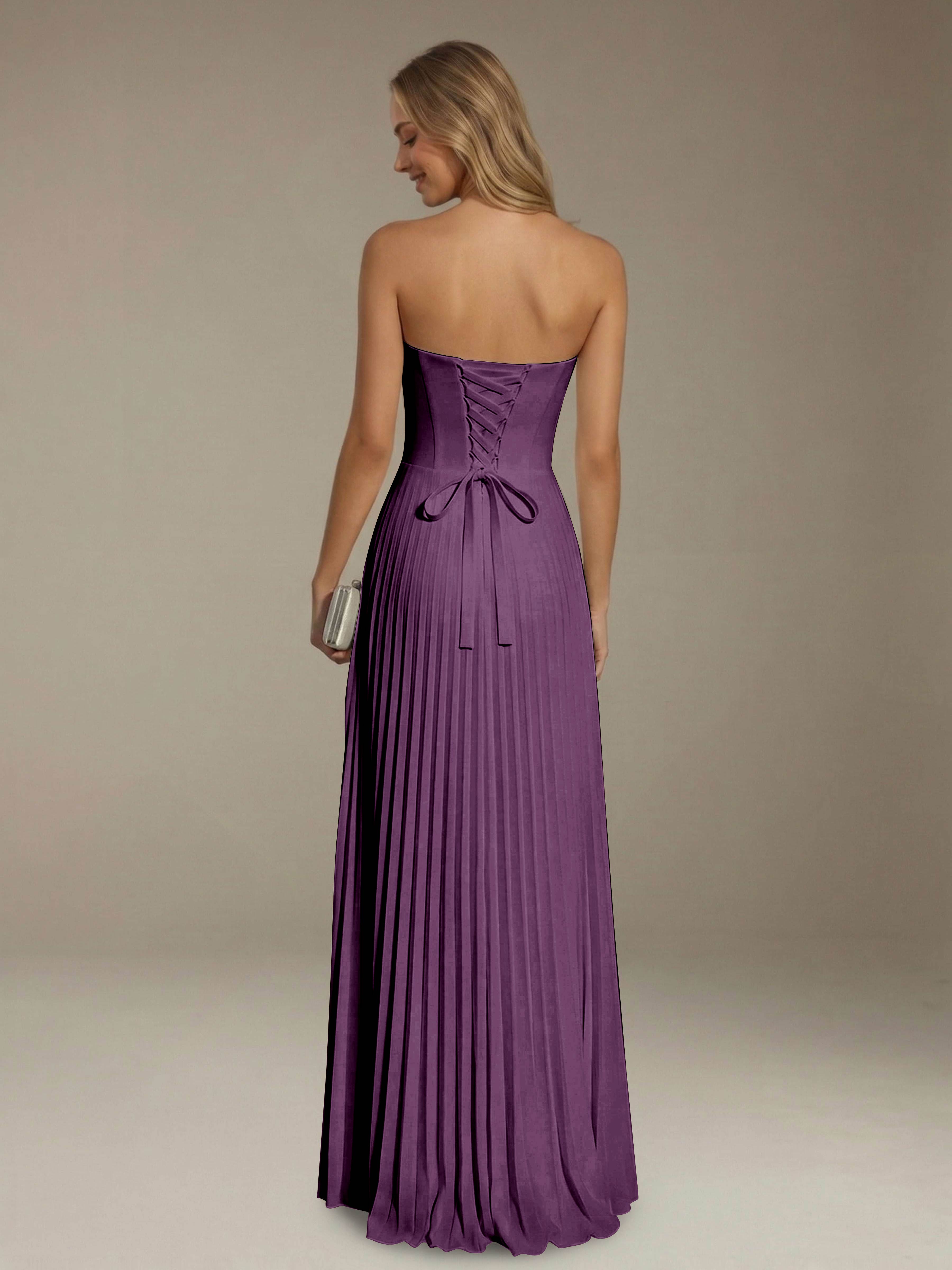 Women’s Pleated Strapless A-Line Maxi Dress | Lace-Up Back Occasion Gown
