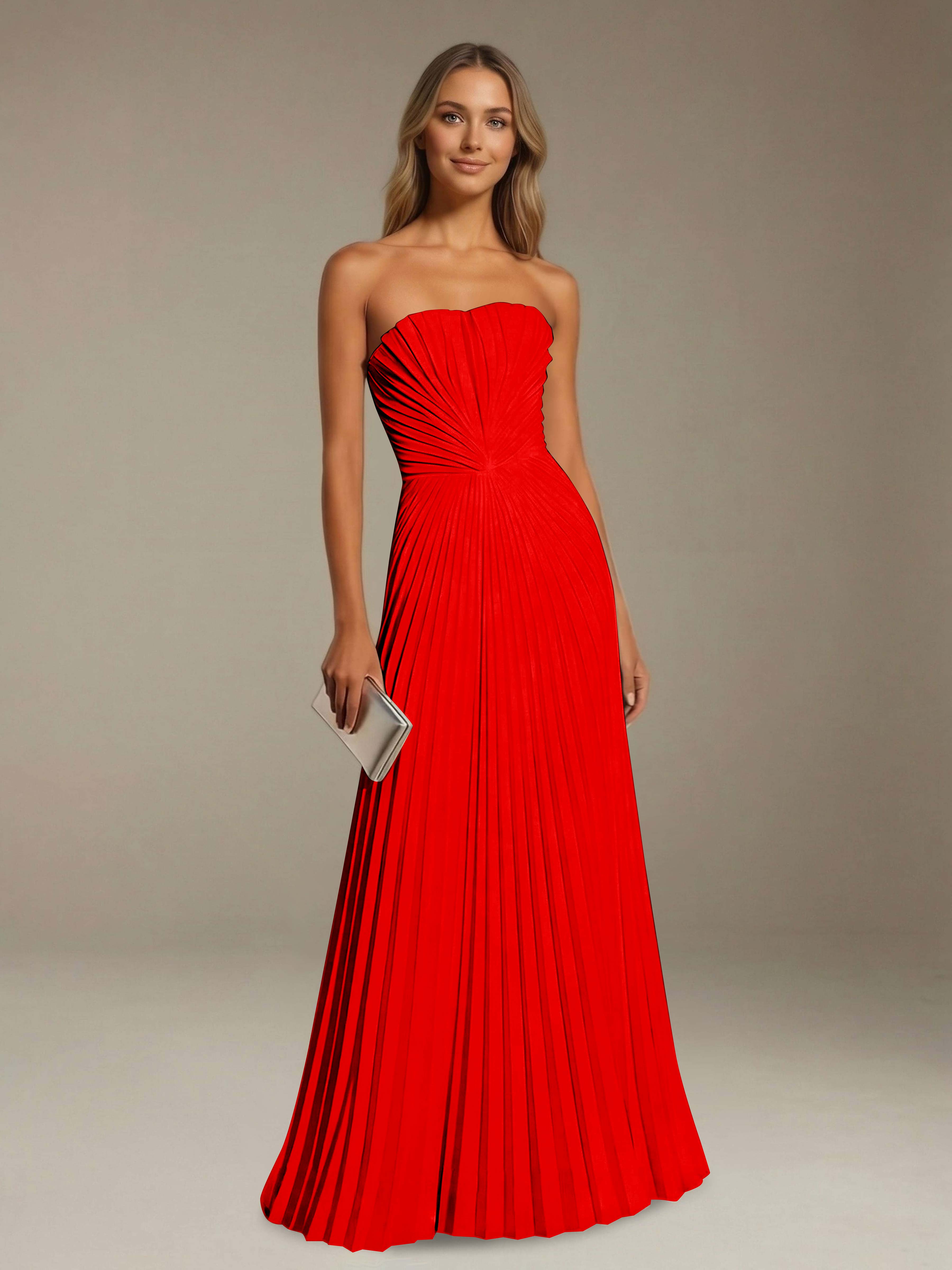 Women’s Pleated Strapless A-Line Maxi Dress | Lace-Up Back Occasion Gown