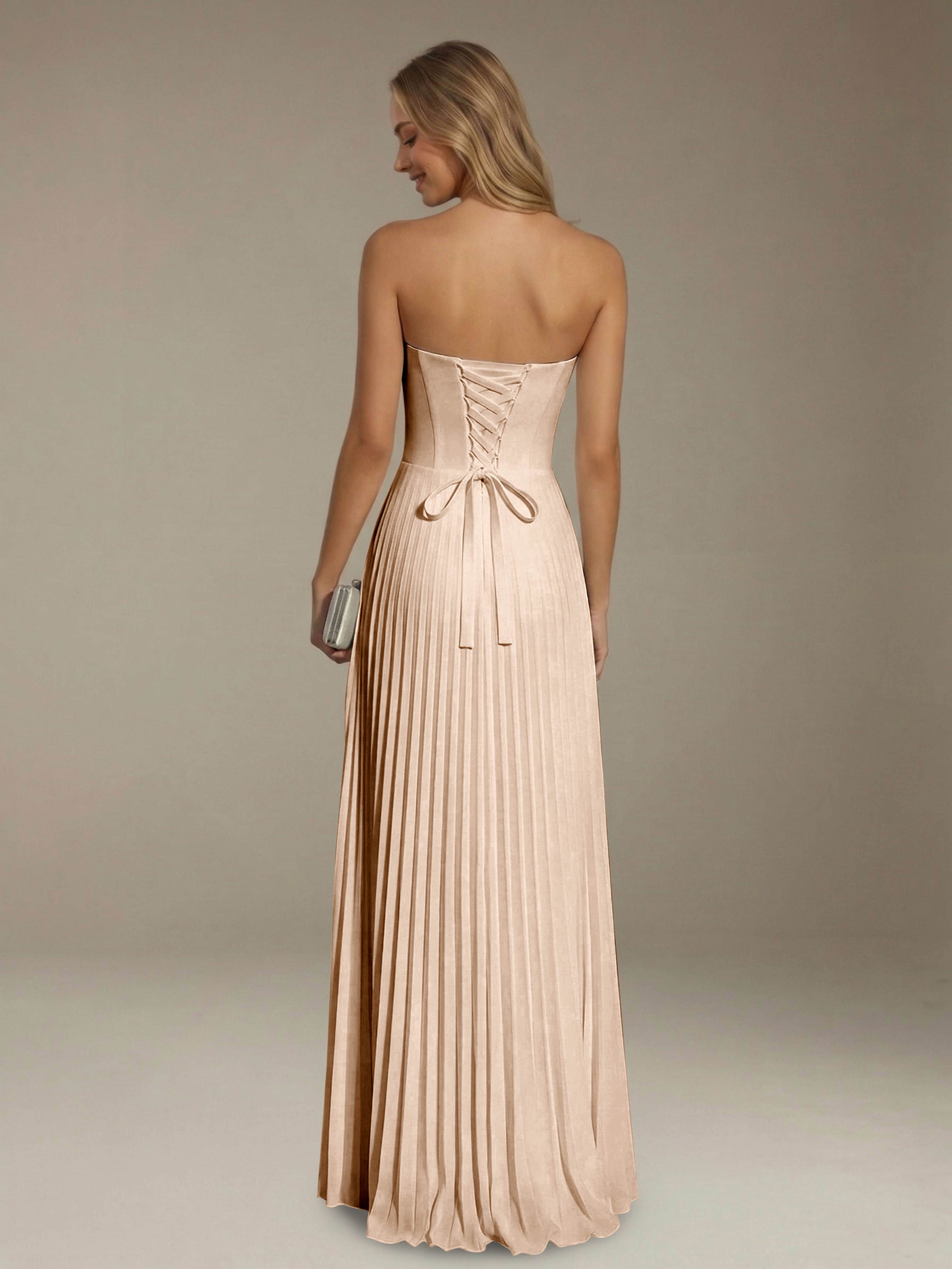 Women’s Pleated Strapless A-Line Maxi Dress | Lace-Up Back Occasion Gown