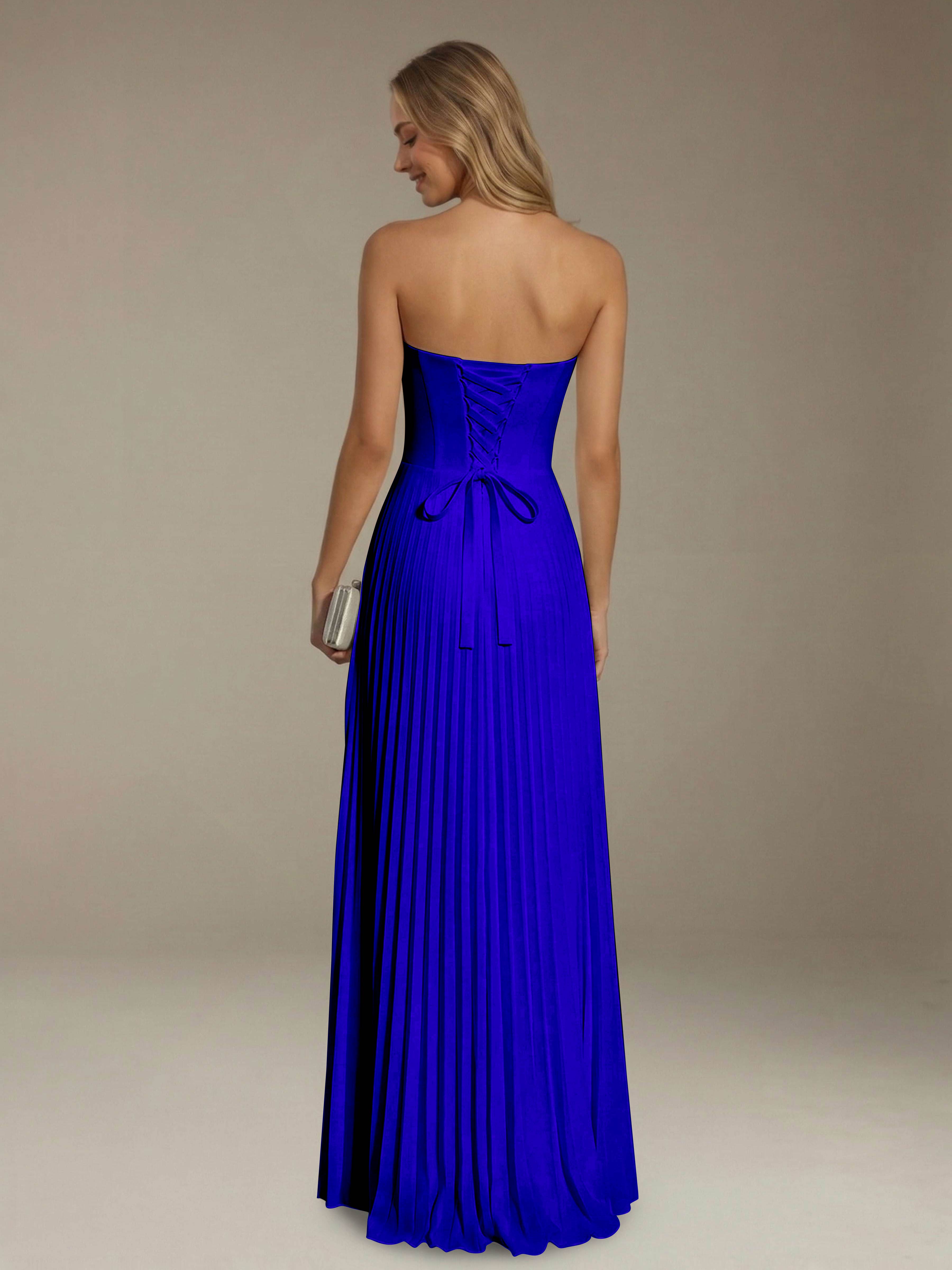 Women’s Pleated Strapless A-Line Maxi Dress | Lace-Up Back Occasion Gown