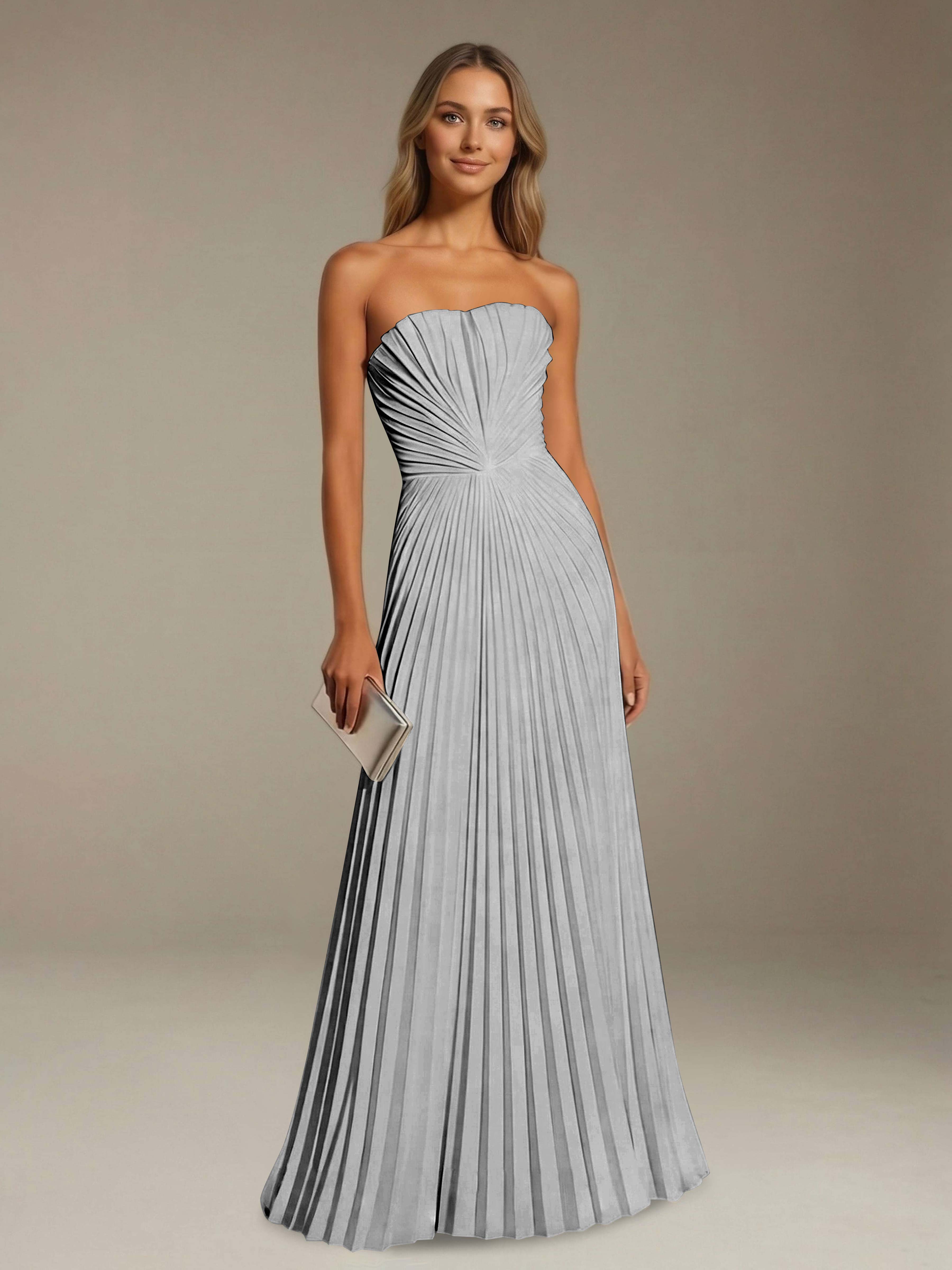 Women’s Pleated Strapless A-Line Maxi Dress | Lace-Up Back Occasion Gown