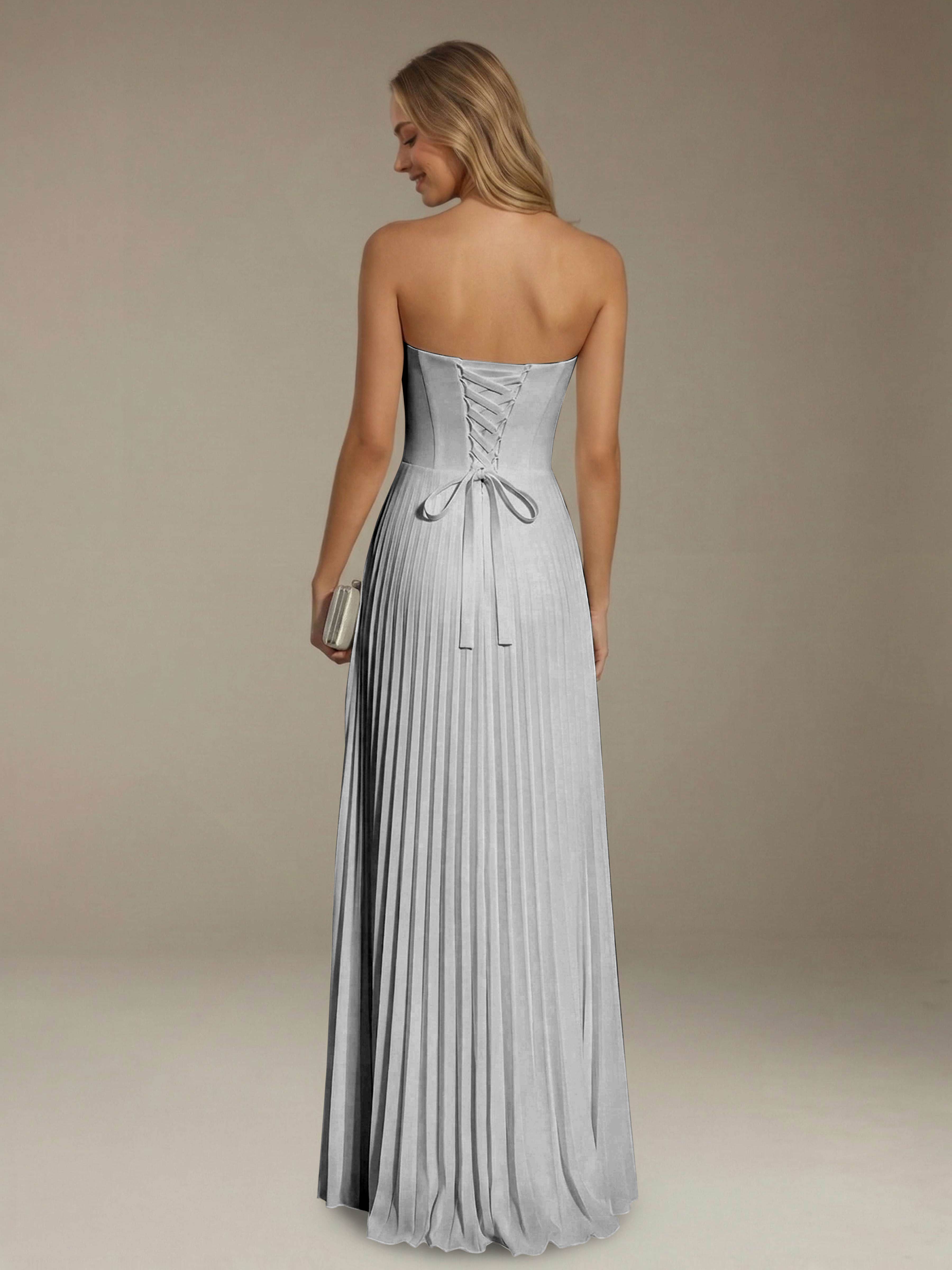 Women’s Pleated Strapless A-Line Maxi Dress | Lace-Up Back Occasion Gown