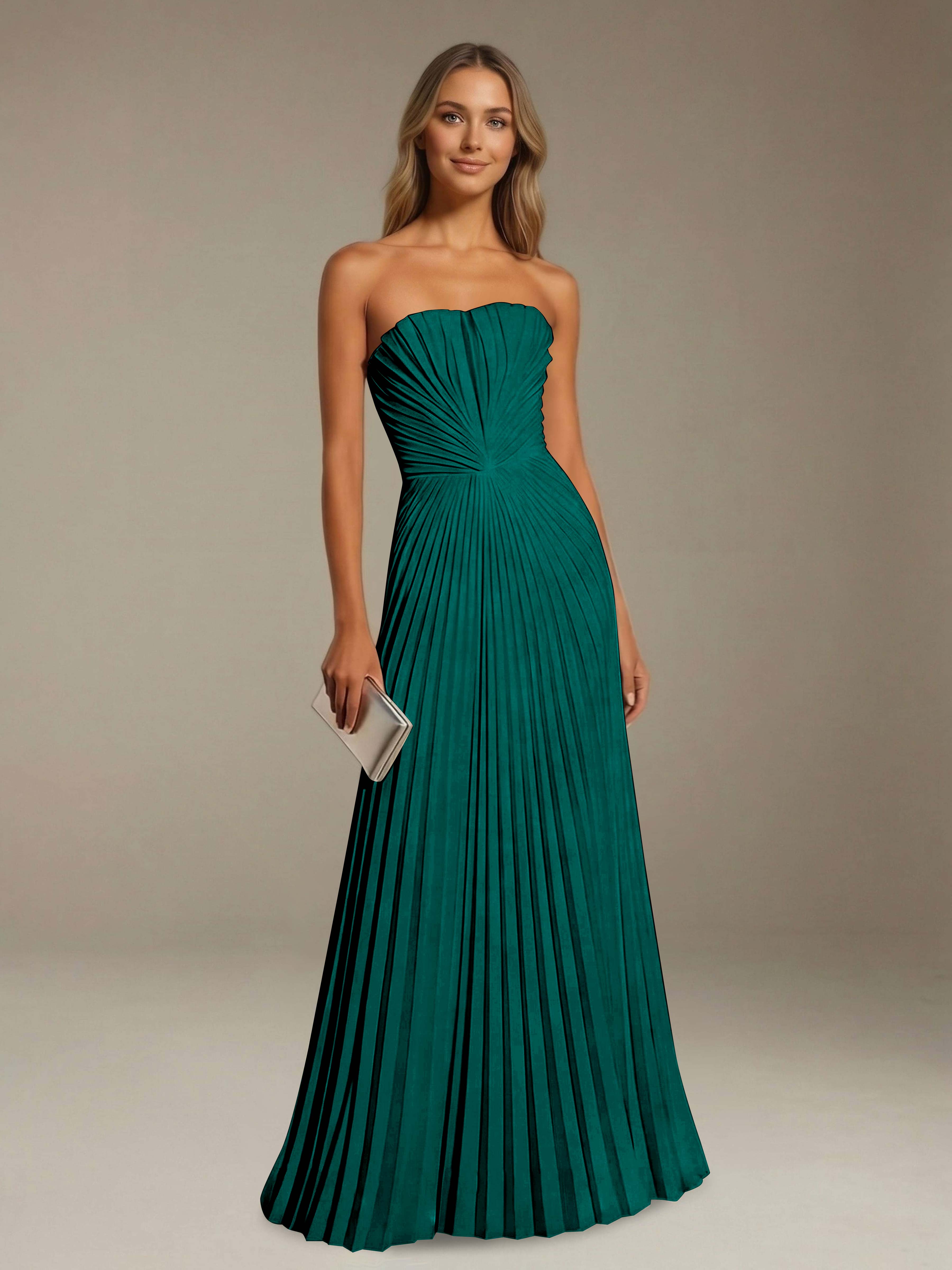 Women’s Pleated Strapless A-Line Maxi Dress | Lace-Up Back Occasion Gown
