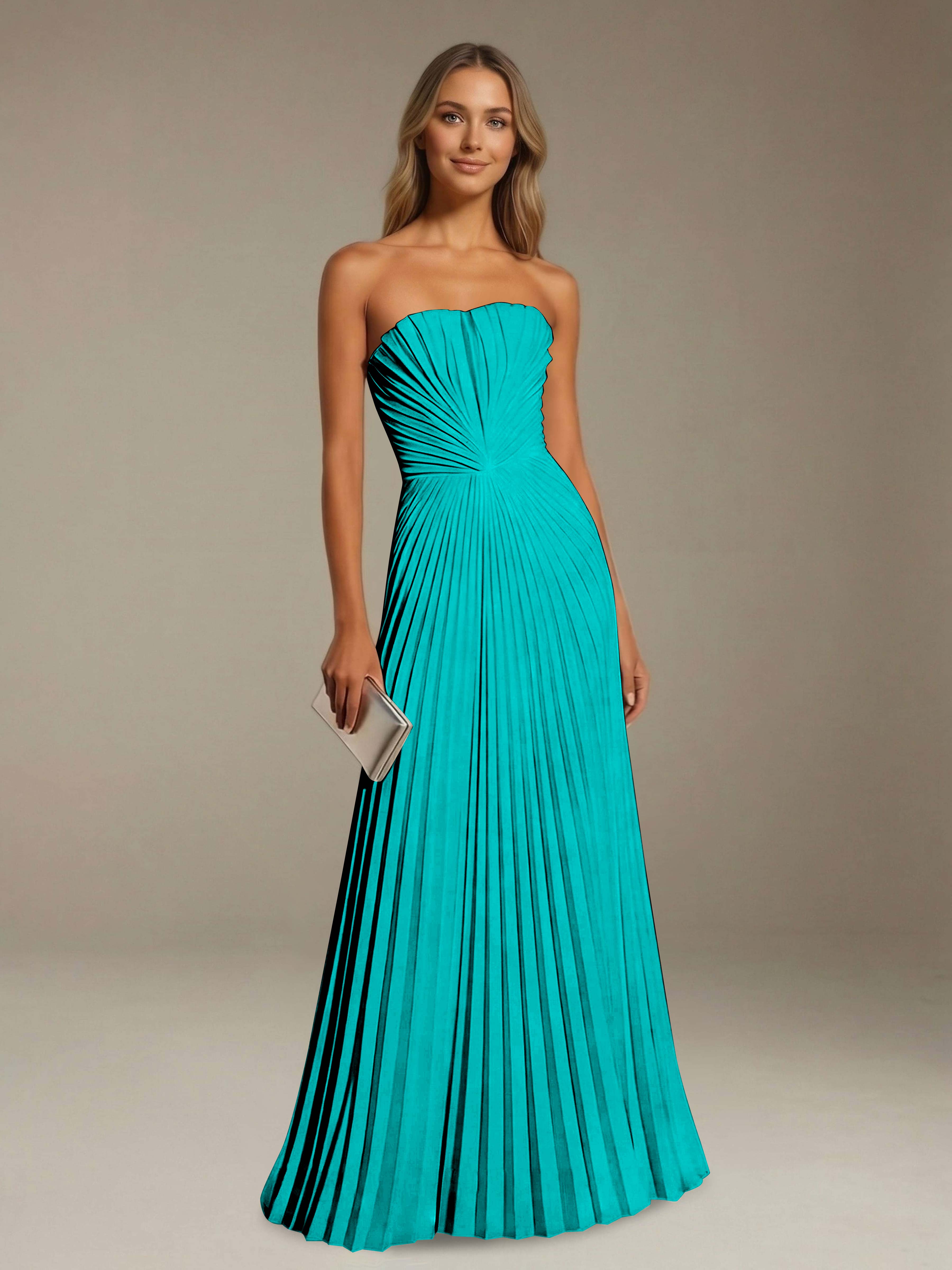 Women’s Pleated Strapless A-Line Maxi Dress | Lace-Up Back Occasion Gown