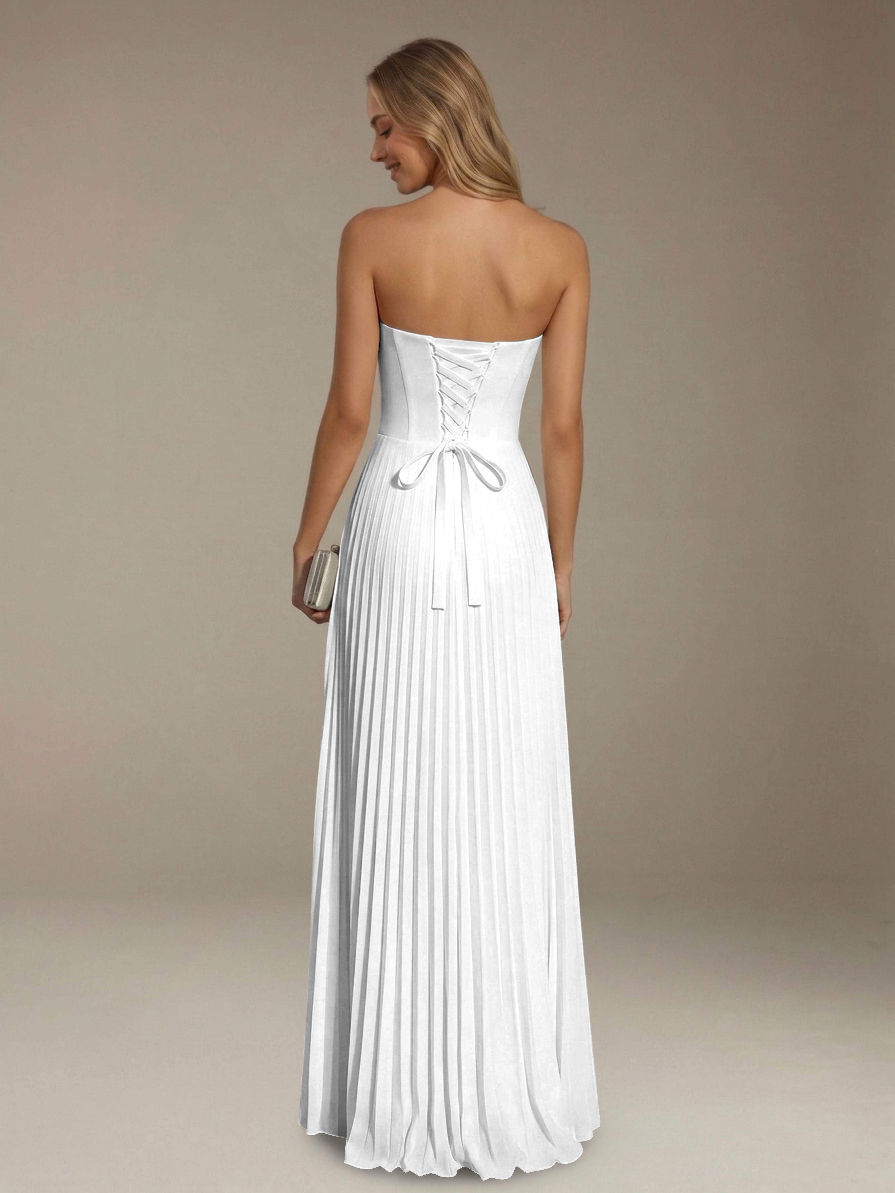 Women’s Pleated Strapless A-Line Maxi Dress | Lace-Up Back Occasion Gown