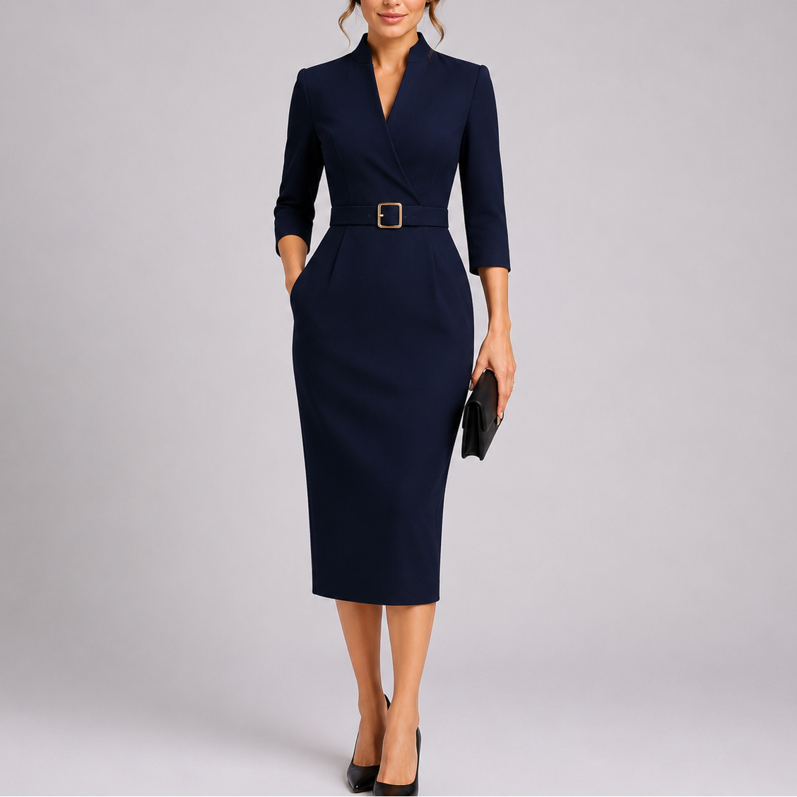 Women's Belted Midi Dress V-Neck Three-Quarter Sleeve - Navy