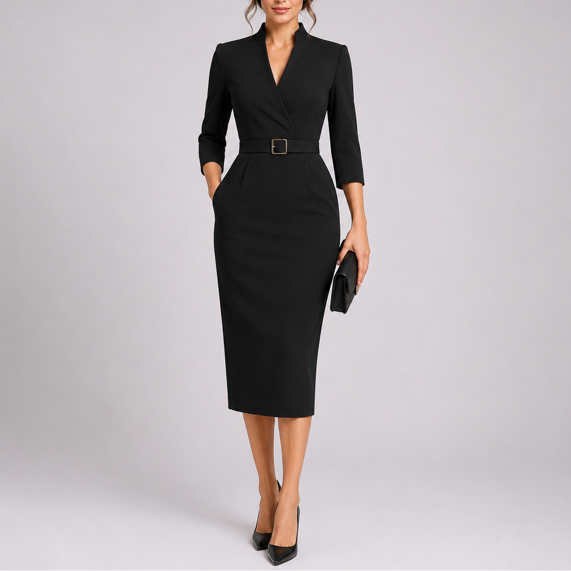 Women's Belted Midi Dress V-Neck Three-Quarter Sleeve - Black