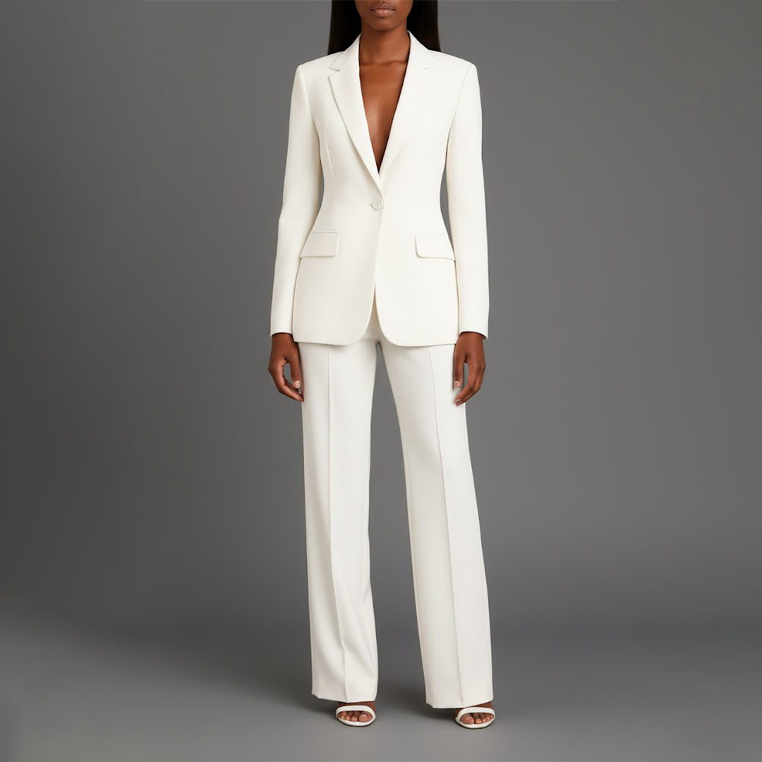 Women's tailored trouser suit set with longline blazer and wide-leg trousers