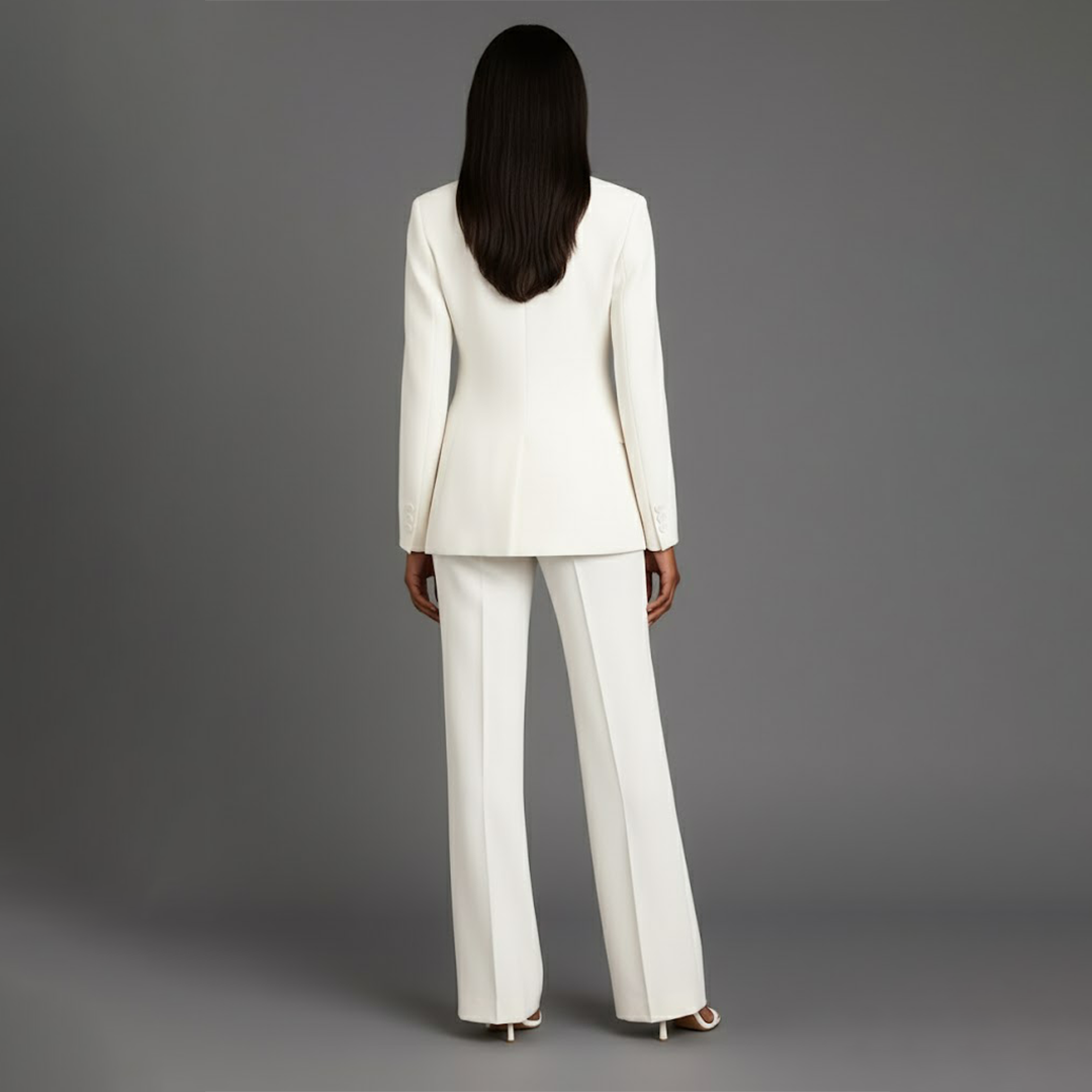 Women's tailored trouser suit set with longline blazer and wide-leg trousers