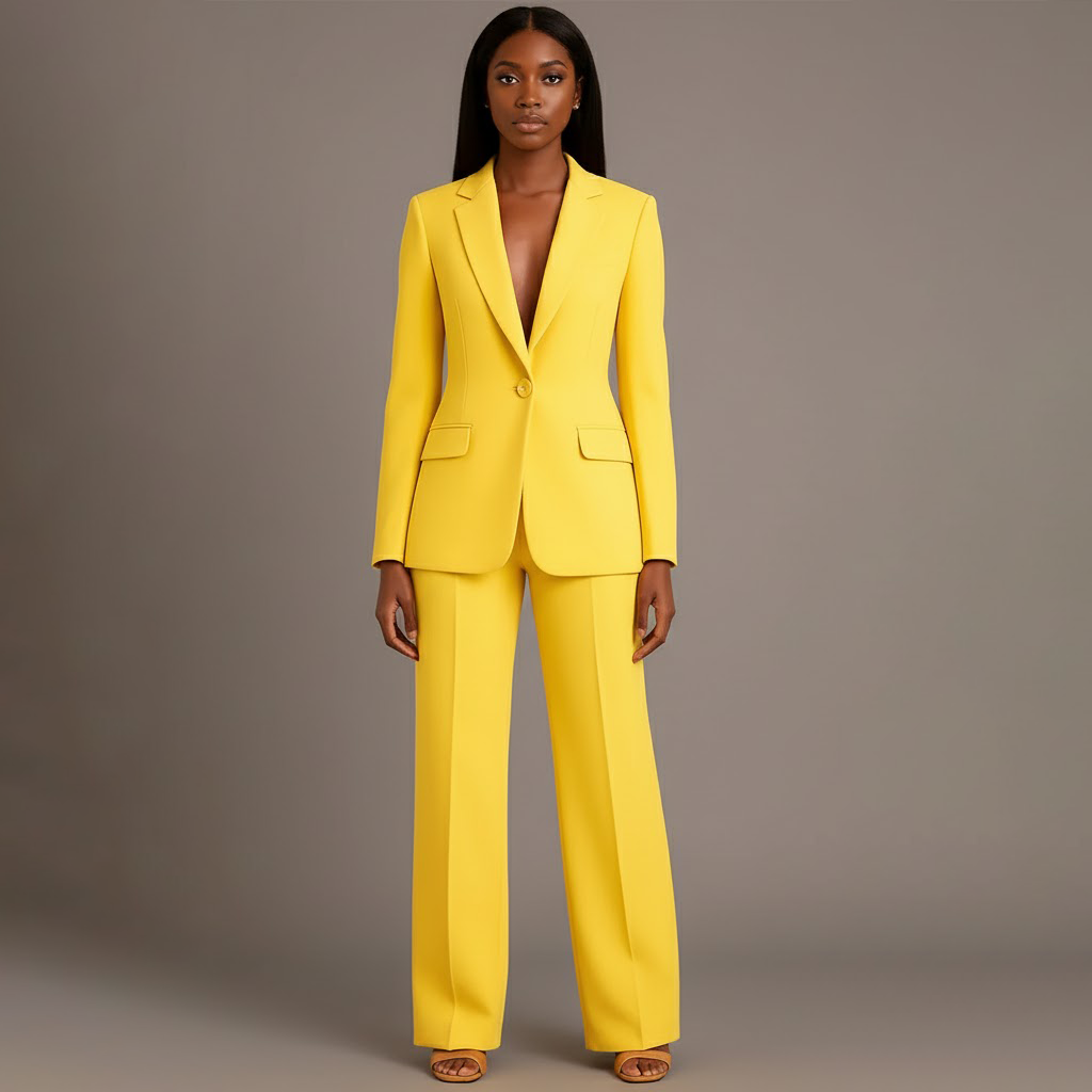 Women's tailored trouser suit set with longline blazer and wide-leg trousers