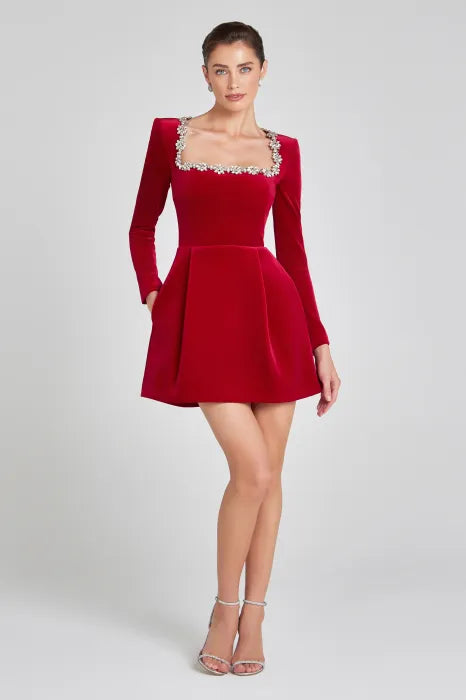 Women's Velvet Mini Dress Square Neck Crystal Trim - Red