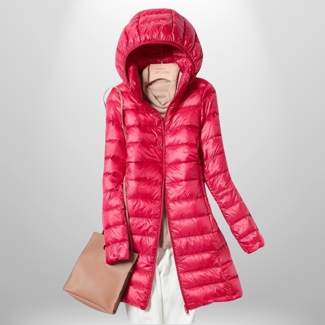 Women's longline hooded quilted puffer jacket with front zip fastening