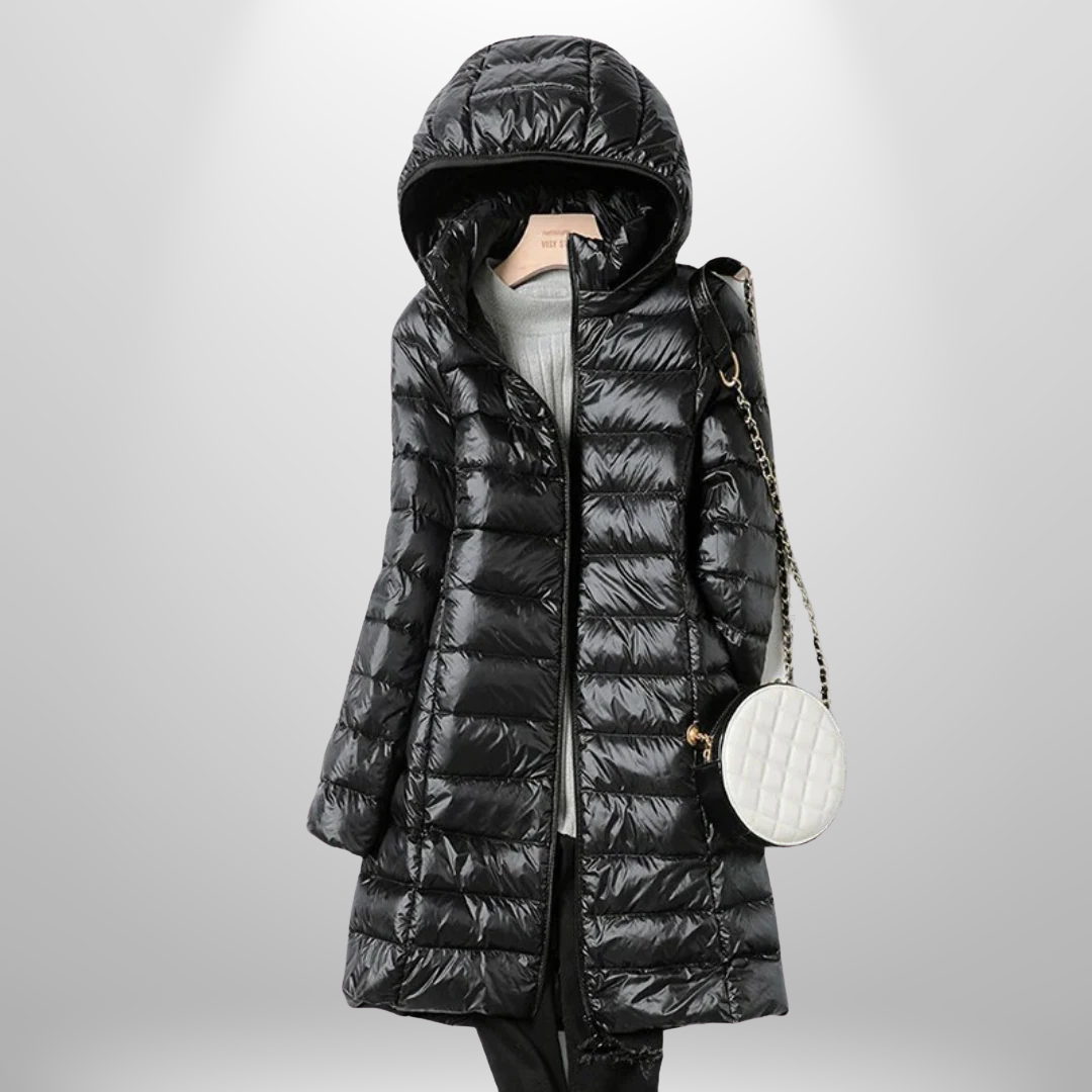 Women's longline hooded quilted puffer jacket with front zip fastening