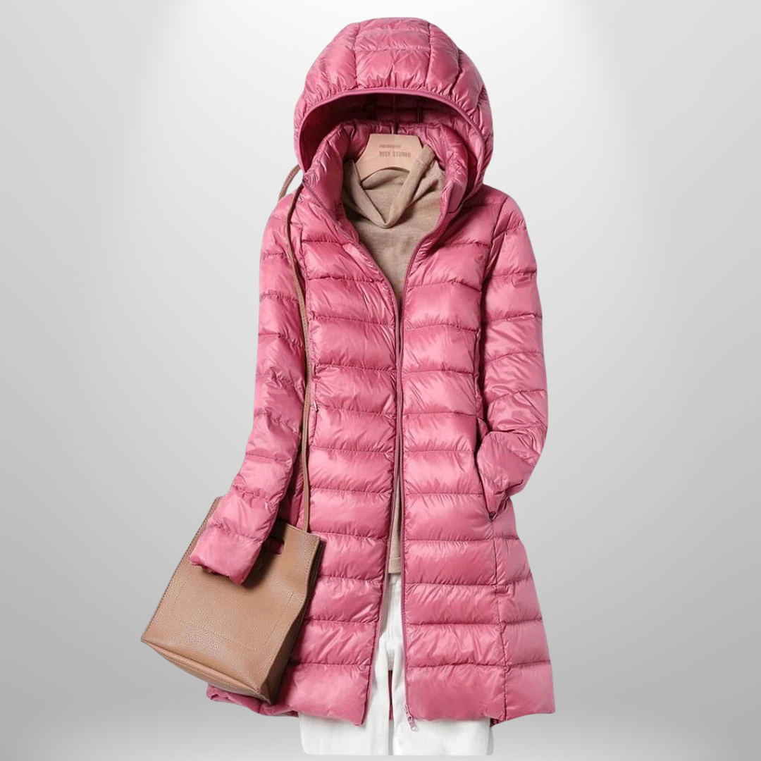 Women's longline hooded quilted puffer jacket with front zip fastening