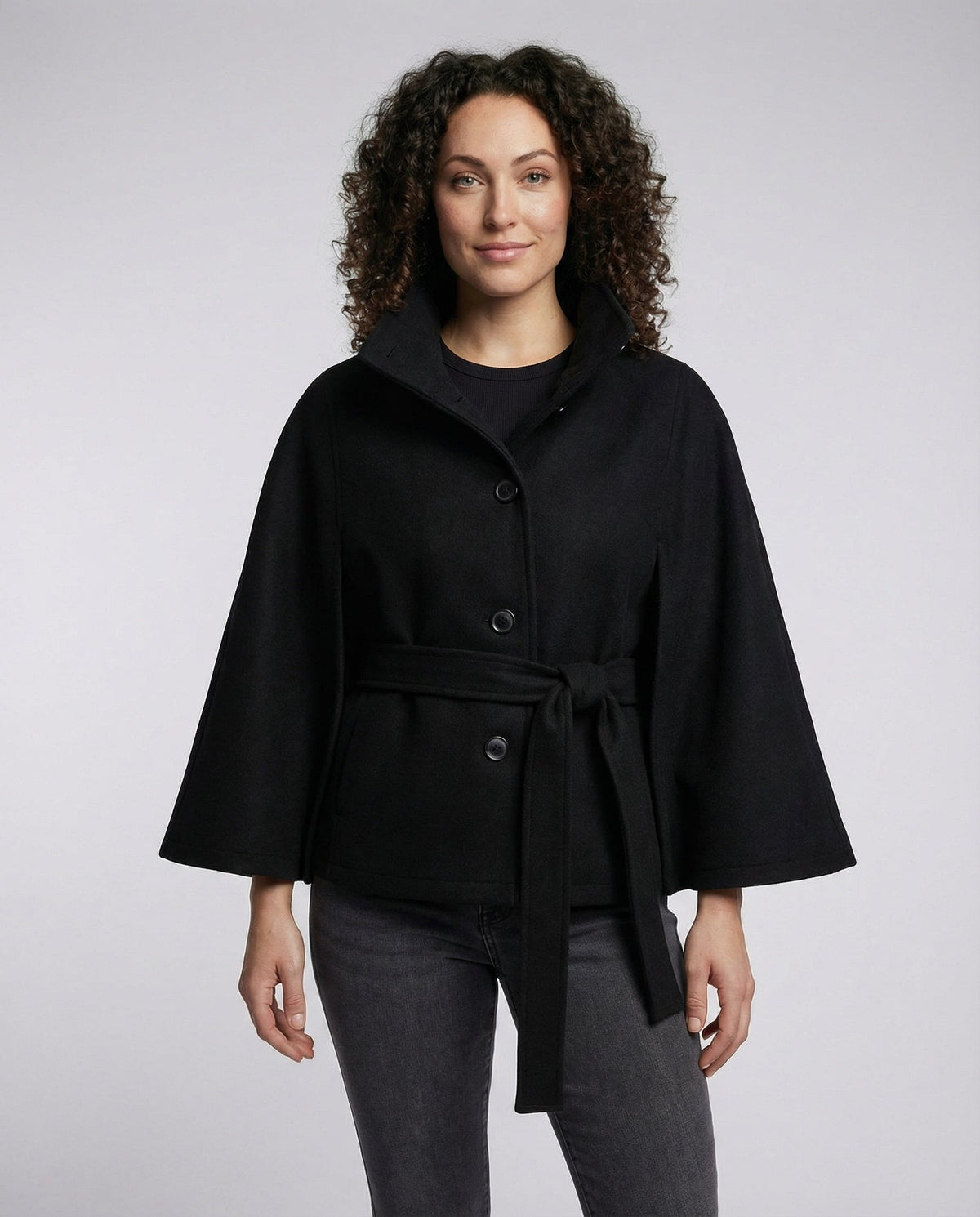 Women's belted funnel neck jacket with button front and flared sleeves