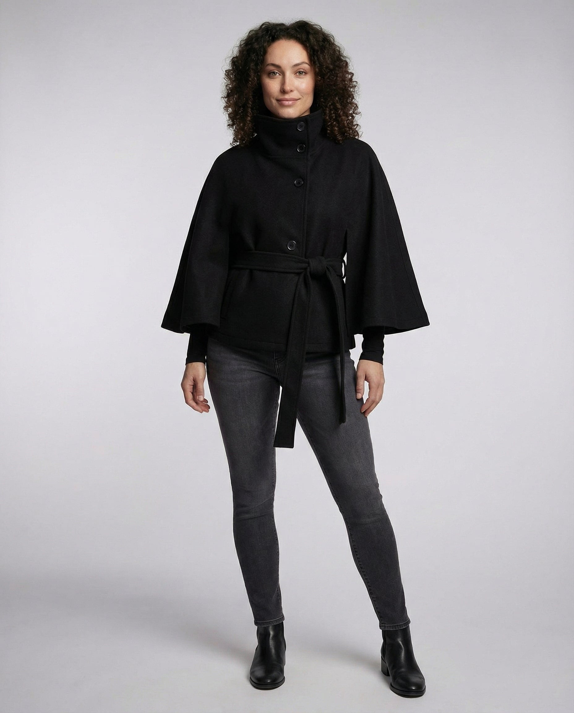 Women's belted funnel neck jacket with button front and flared sleeves