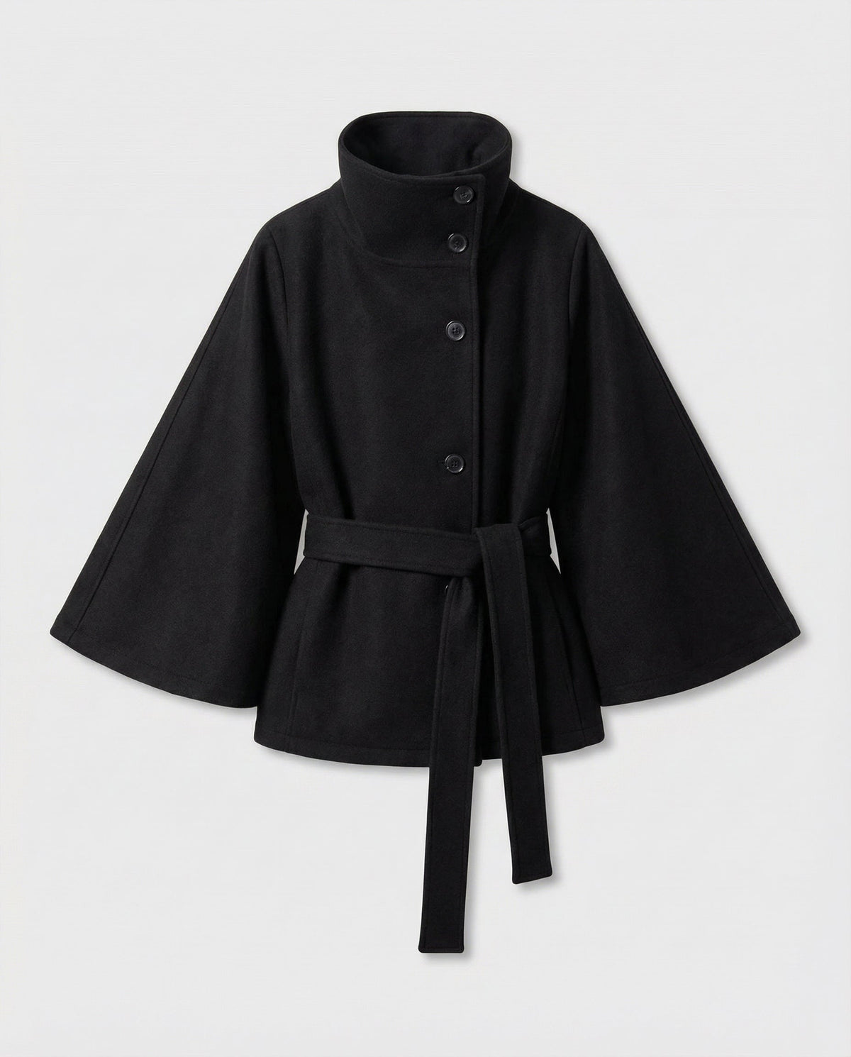 Women's belted funnel neck jacket with button front and flared sleeves