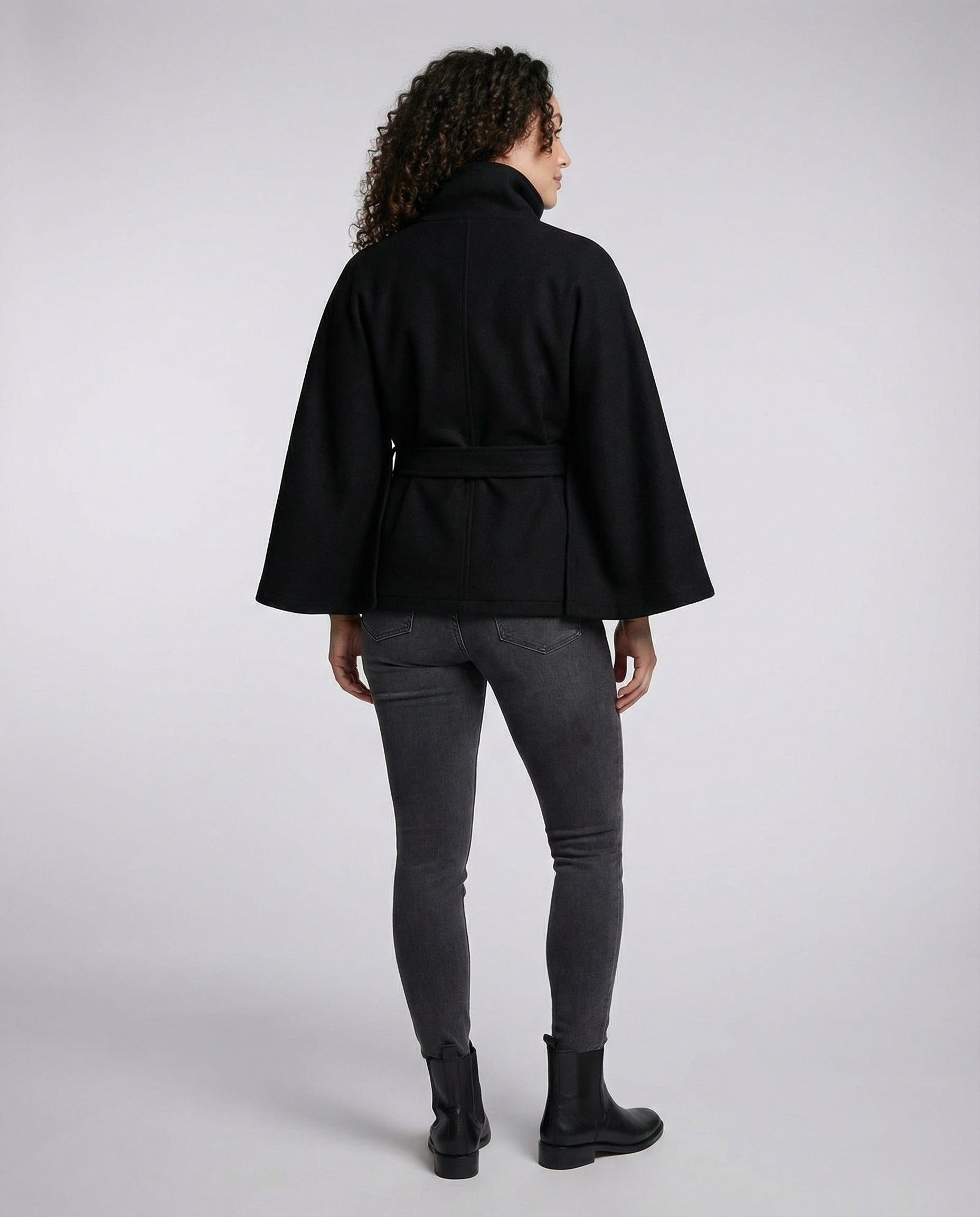 Women's belted funnel neck jacket with button front and flared sleeves