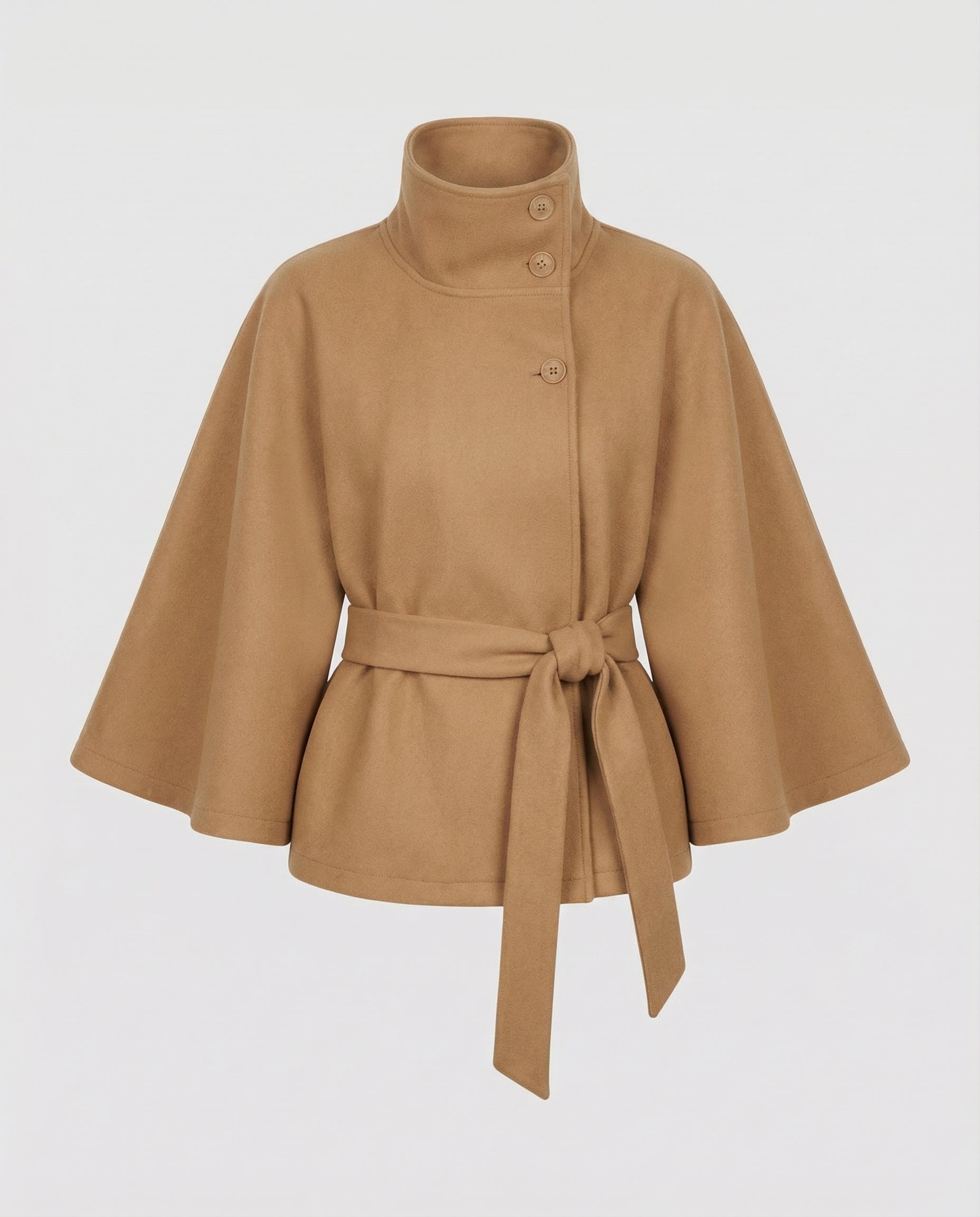 Women's belted funnel neck jacket with button front and flared sleeves