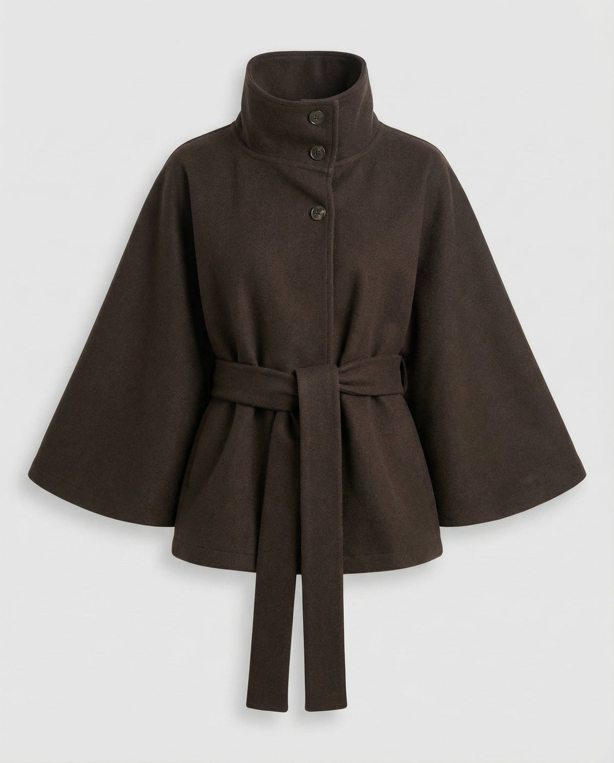 Women's belted funnel neck jacket with button front and flared sleeves