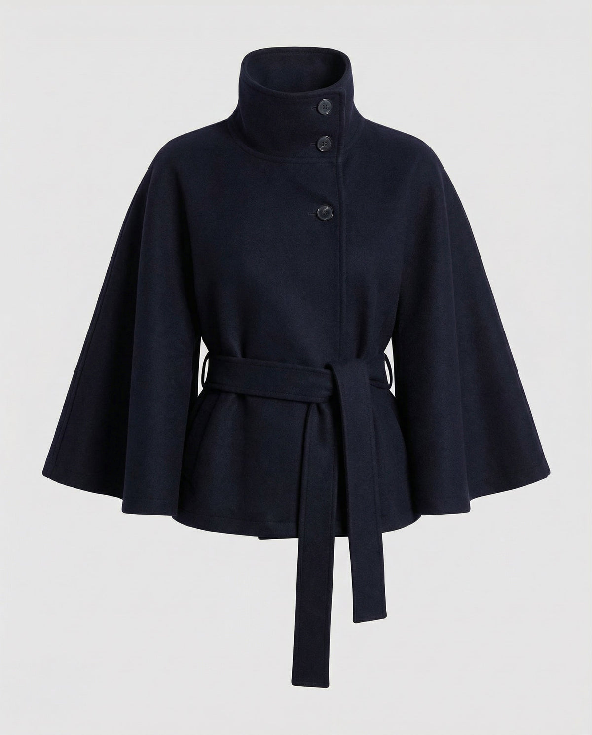 Women's belted funnel neck jacket with button front and flared sleeves