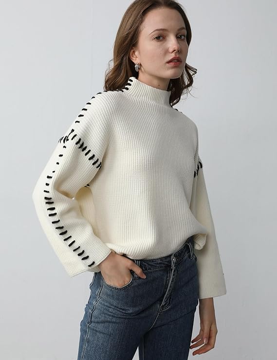 Women's ribbed knit sweater with contrasting stitch trim and long sleeves