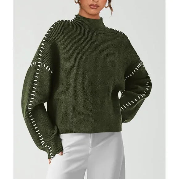 Women's ribbed knit sweater with contrasting stitch trim and long sleeves