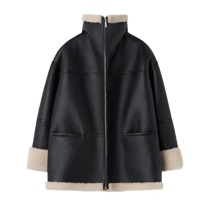 Women's black oversized jacket with cream shearling-style trim and zip front