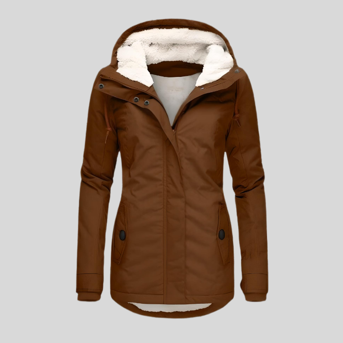 Women's Hooded Jacket Fleece-Lined Longline - Brown