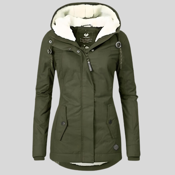 Women's Hooded Jacket Fleece-Lined Longline - Olive