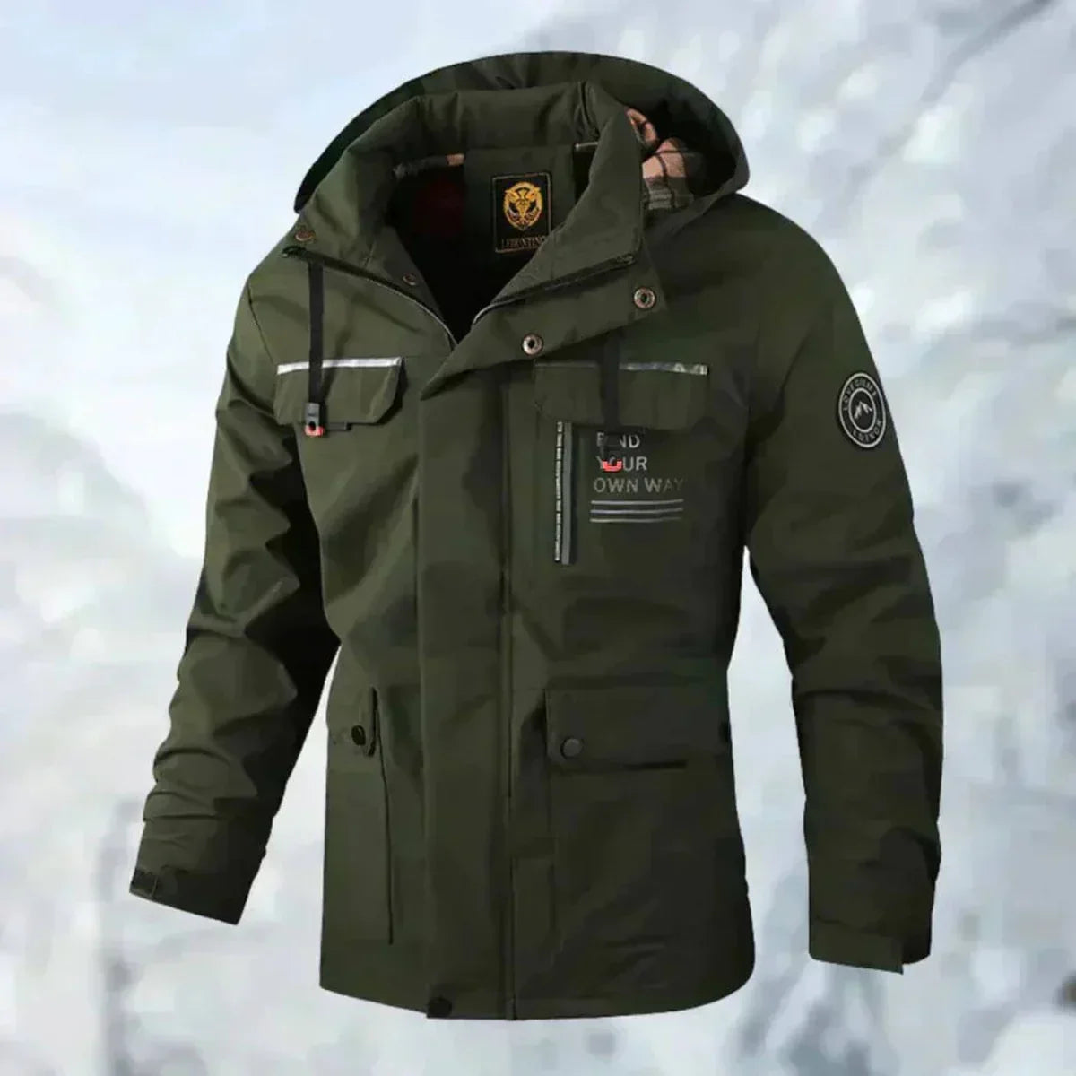 Men's hooded utility jacket with long sleeves, zip front and multiple flap pockets
