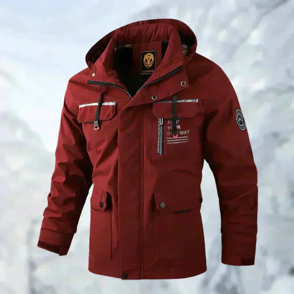 Men's hooded utility jacket with long sleeves, zip front and multiple flap pockets