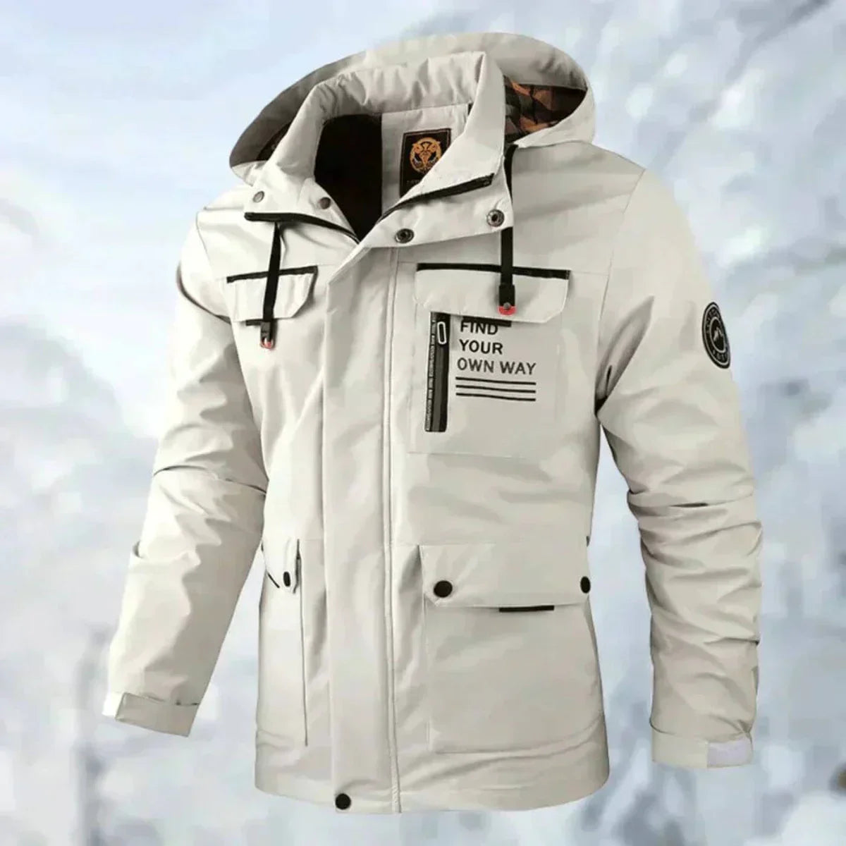 Men's hooded utility jacket with long sleeves, zip front and multiple flap pockets