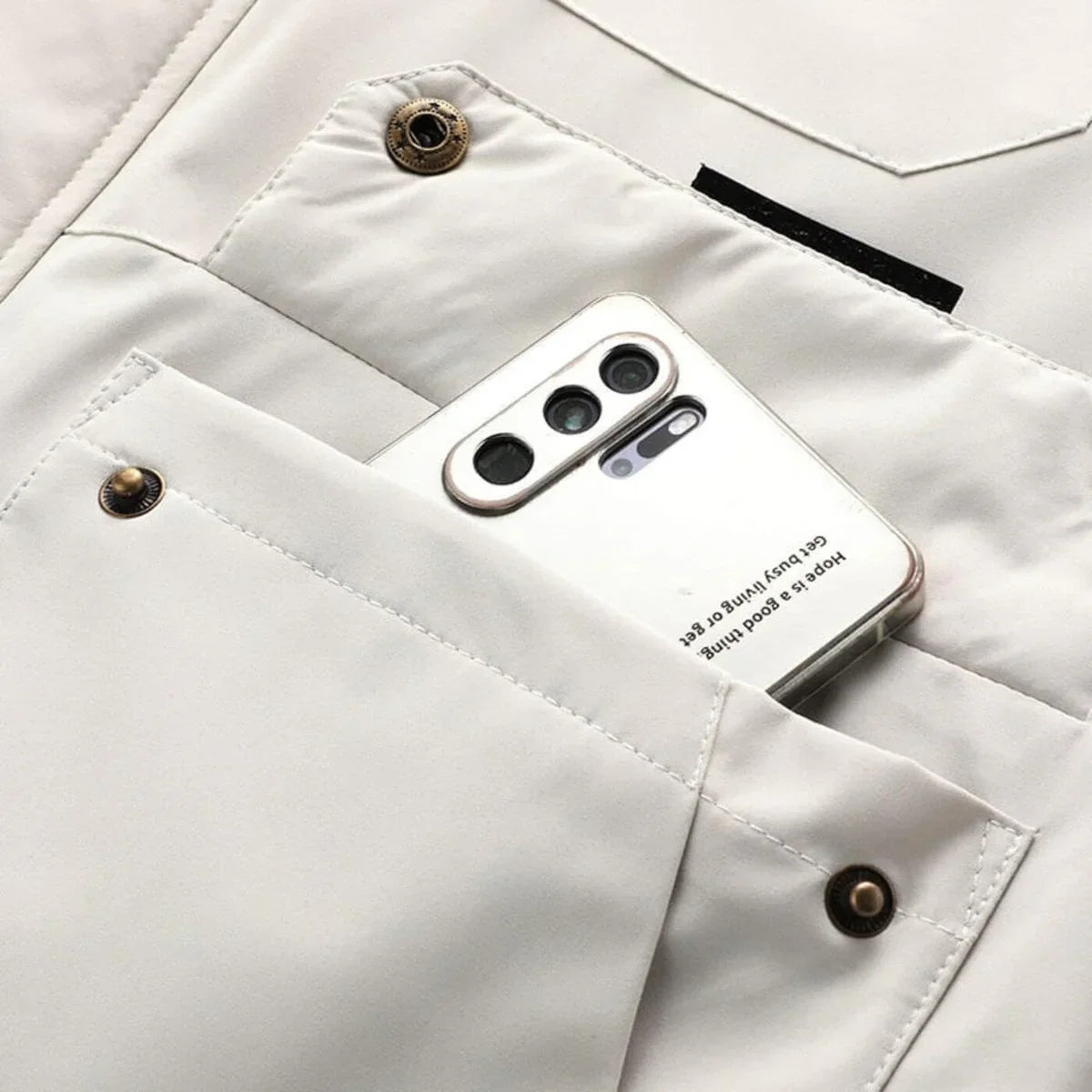 Men's hooded utility jacket with long sleeves, zip front and multiple flap pockets