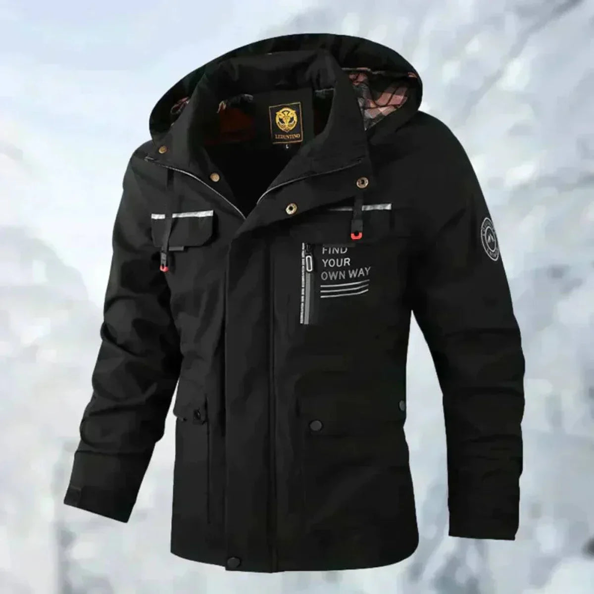Men's hooded utility jacket with long sleeves, zip front and multiple flap pockets