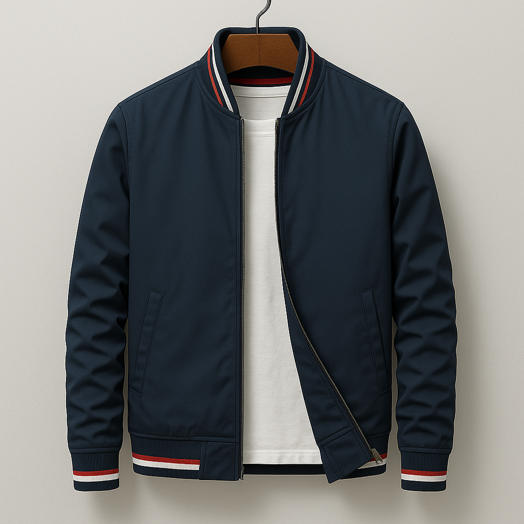 Men's Bomber Jacket Zip-Up Striped Ribbed Collar - Blue