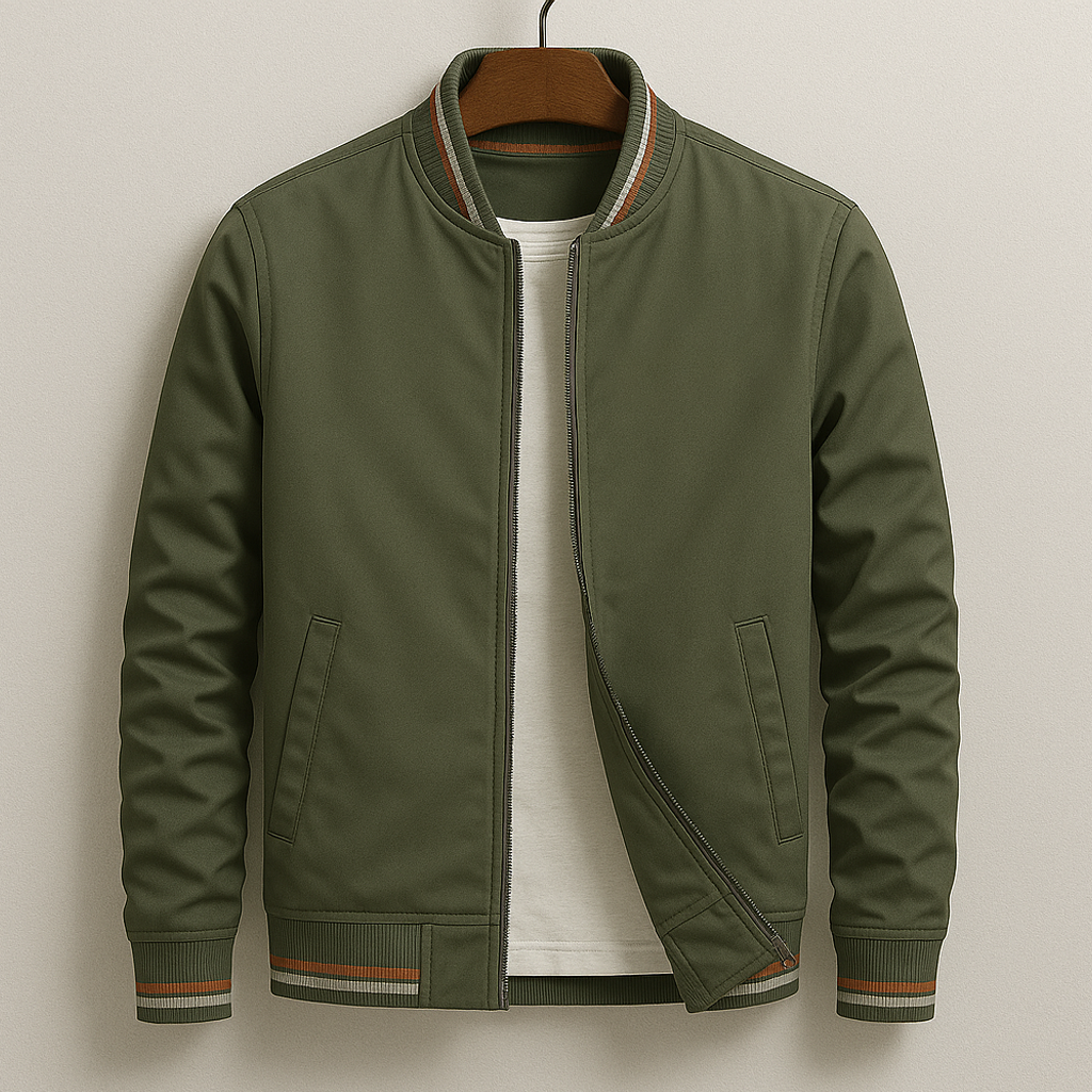 Men's Bomber Jacket Zip-Up Striped Ribbed Collar - Green