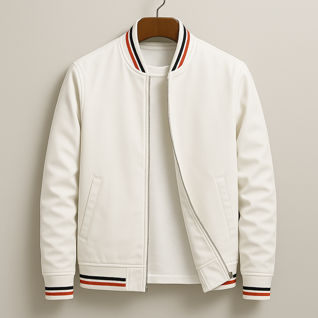 Men's Bomber Jacket Zip-Up Striped Ribbed Collar - White