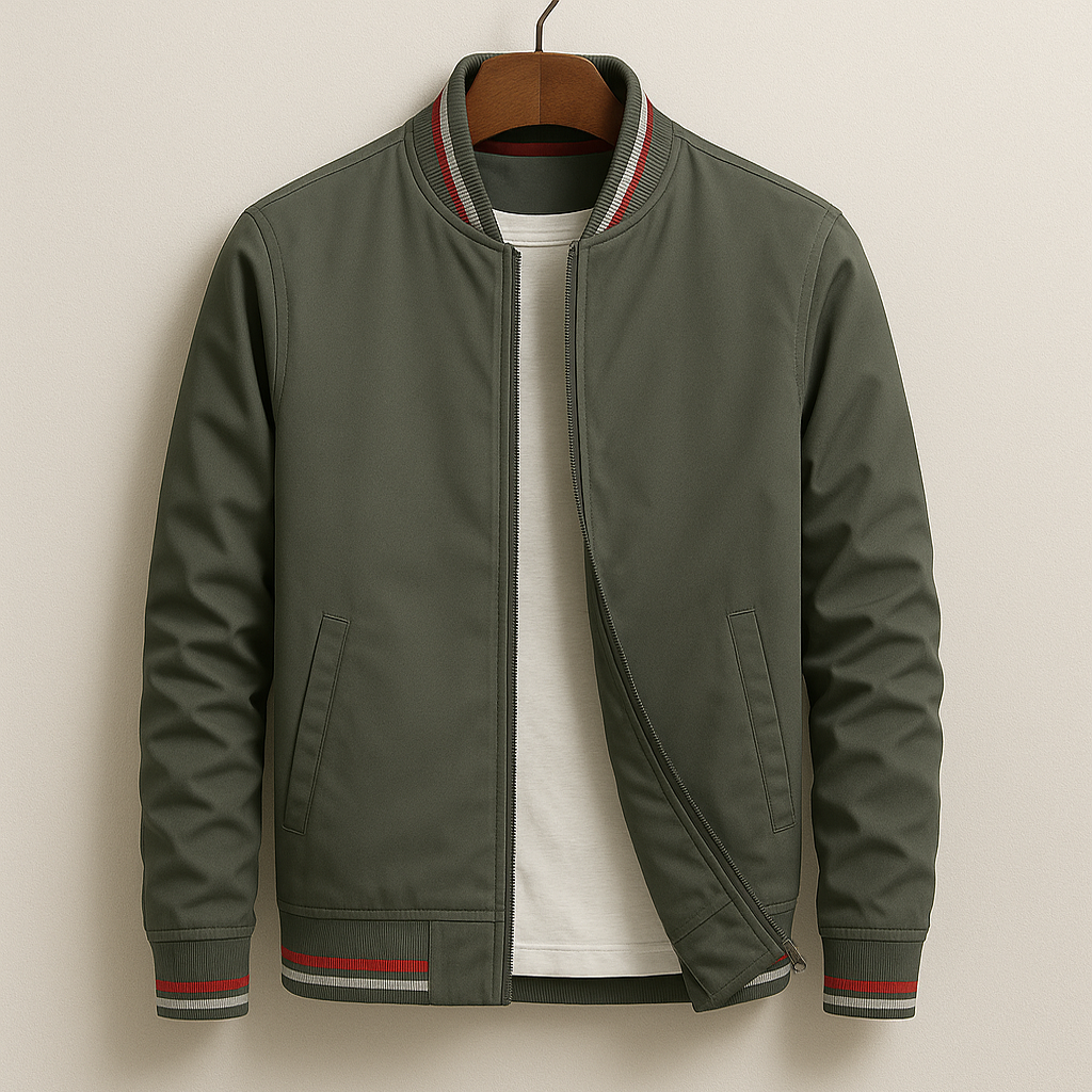 Men's Bomber Jacket Zip-Up Striped Ribbed Collar - White